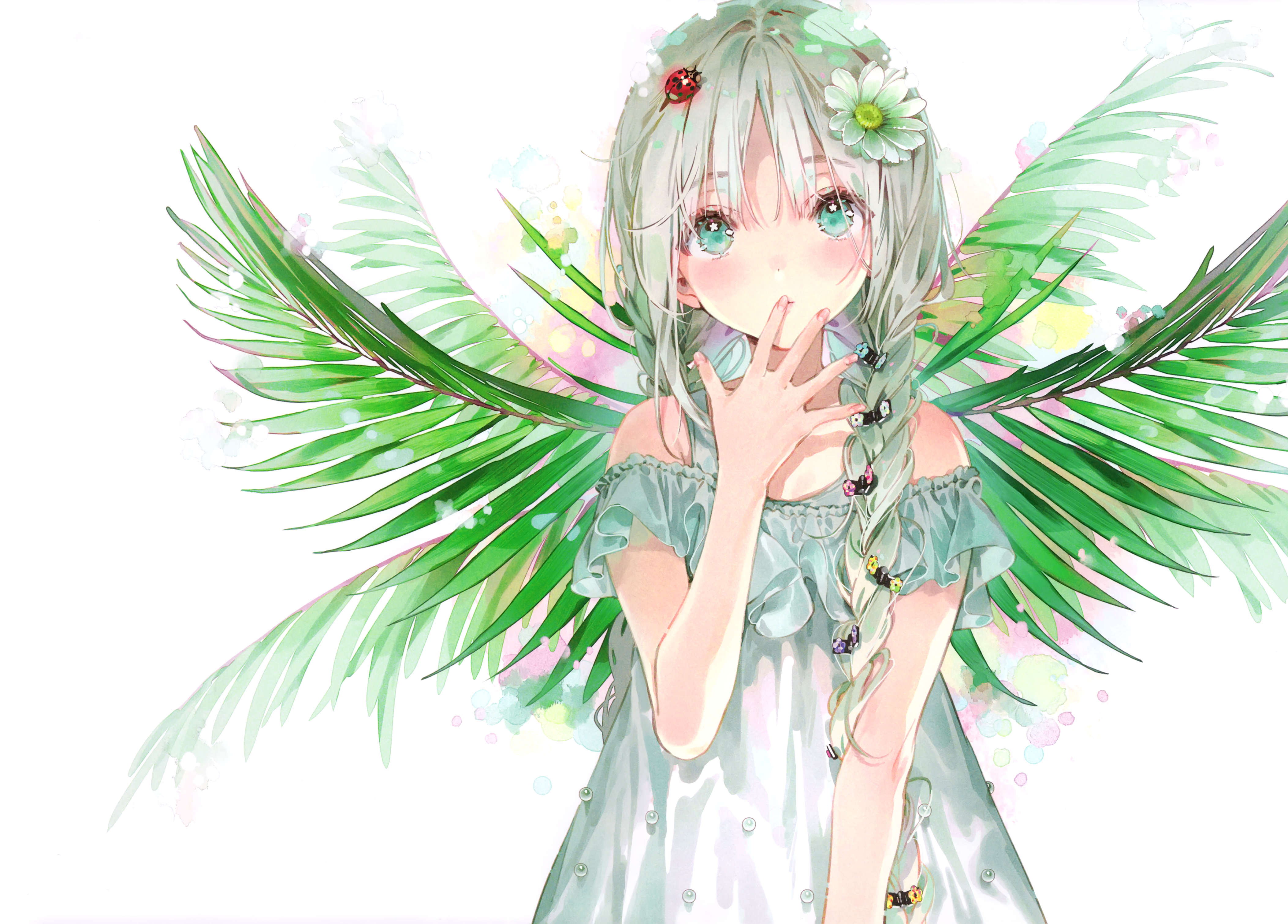 Anime girl with green eyes and leaf wings HD Wallpaper