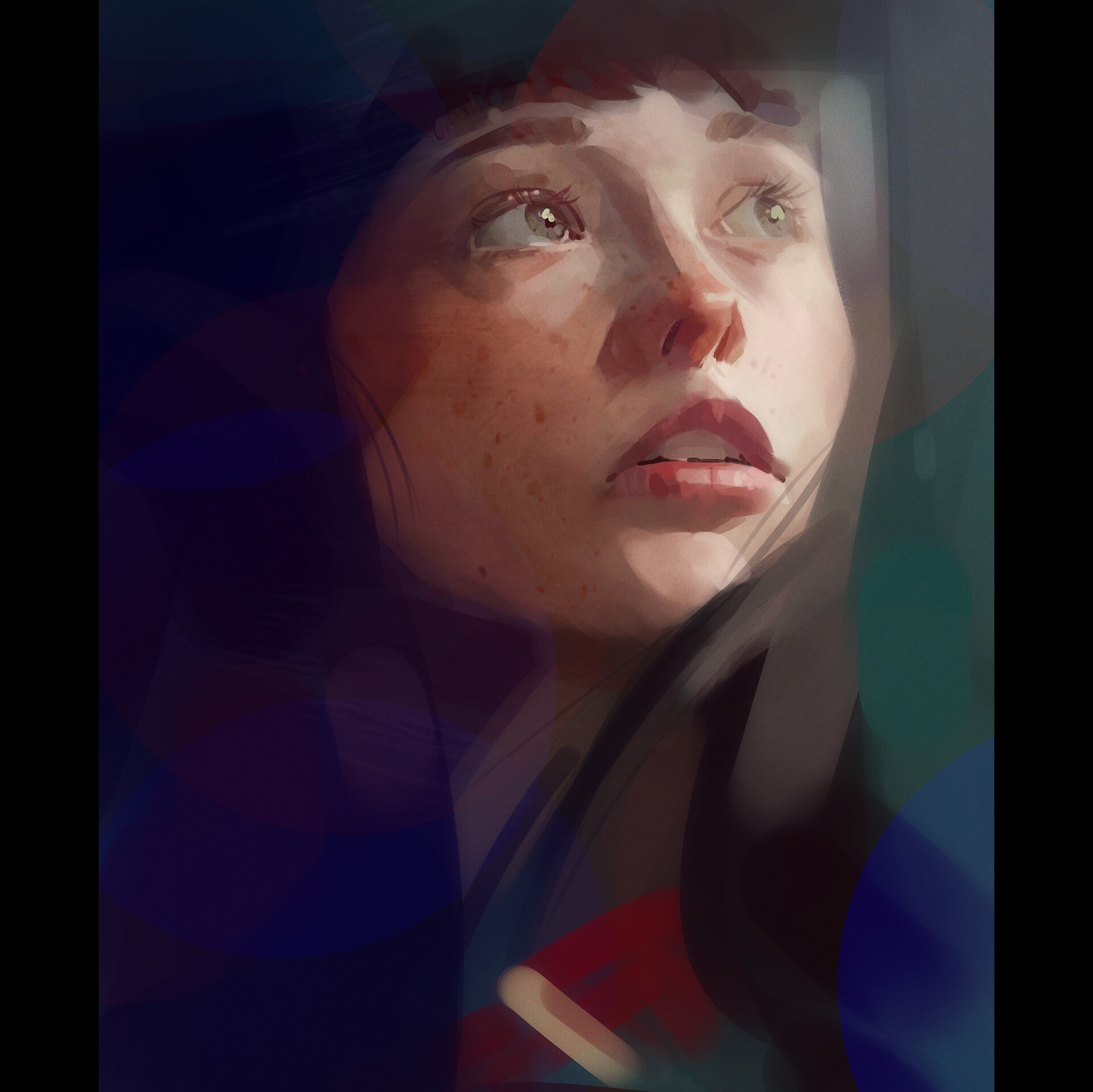 Digital painting of a woman with freckles looking up HD Wallpaper