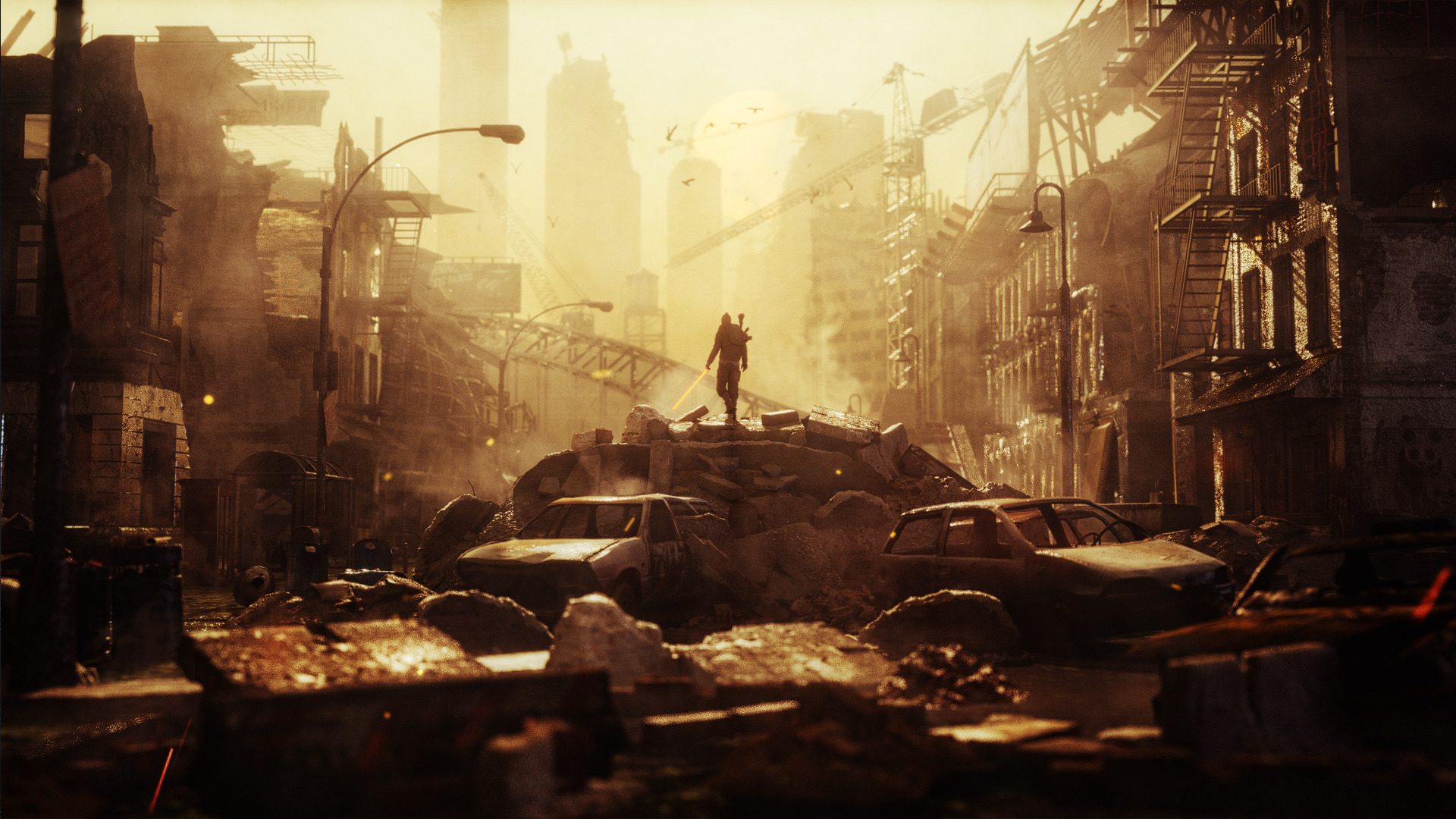 Apocalyptic city with a lone survivor HD Wallpaper