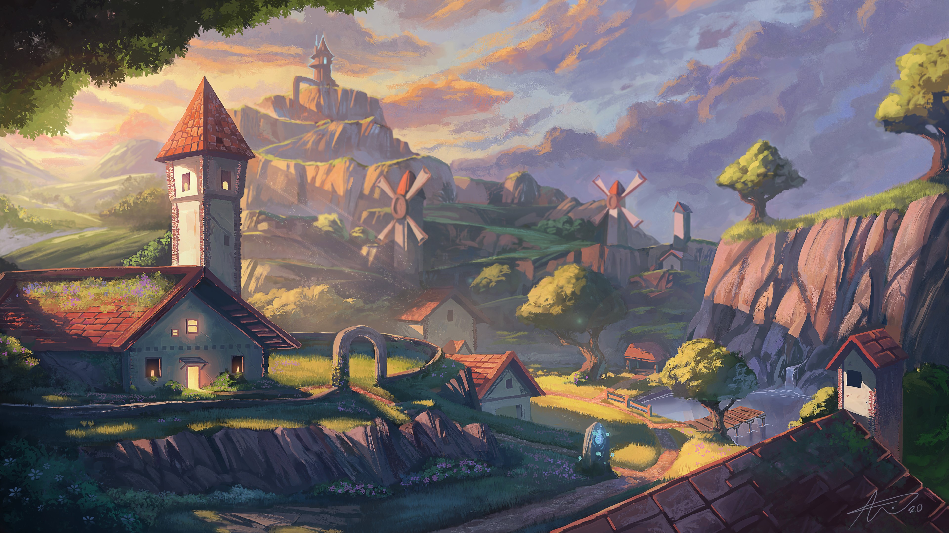 Village with windmills and castle in Zelda Breath of the Wild style HD Wallpaper