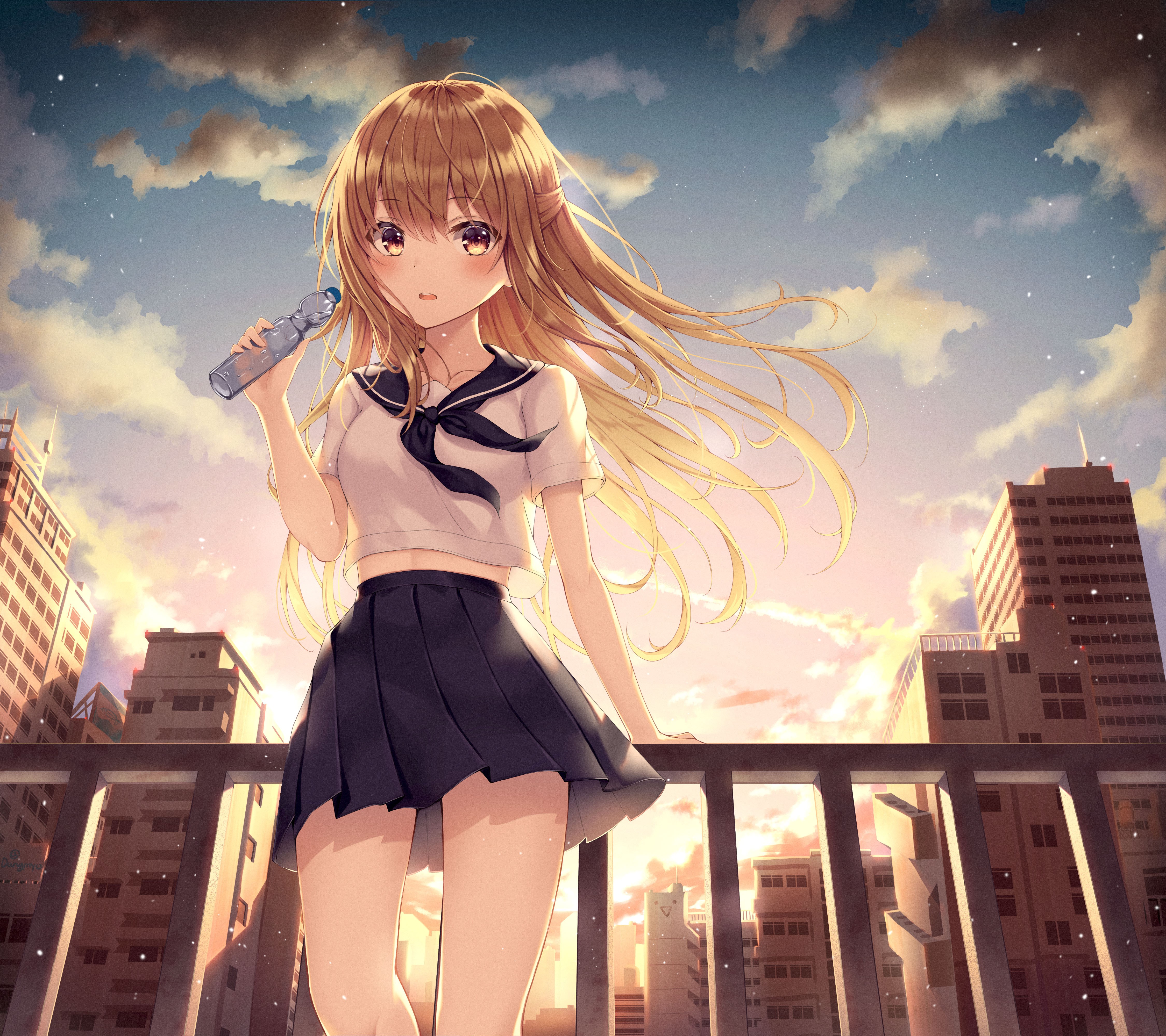 Anime girl in sailor uniform drinking water on a balcony HD Wallpaper
