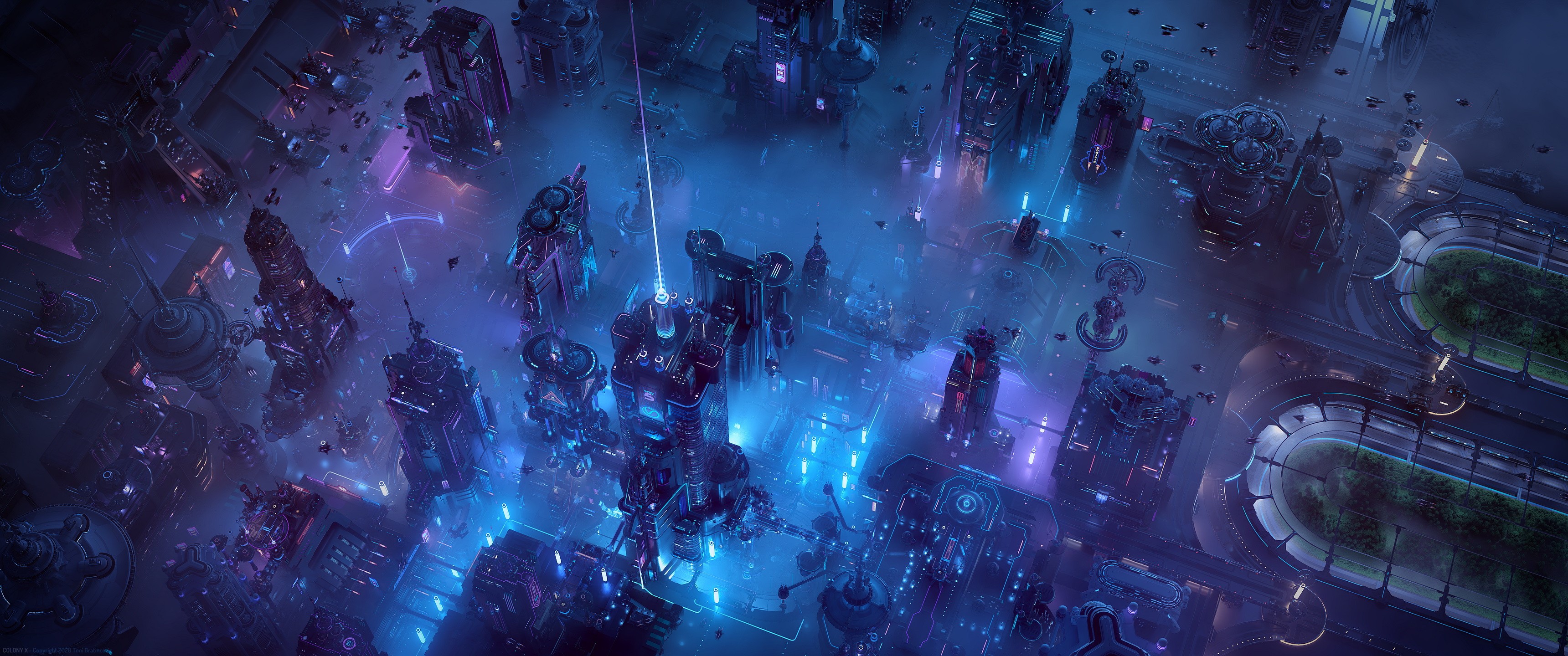 Futuristic city with blue lights from a top view HD Wallpaper