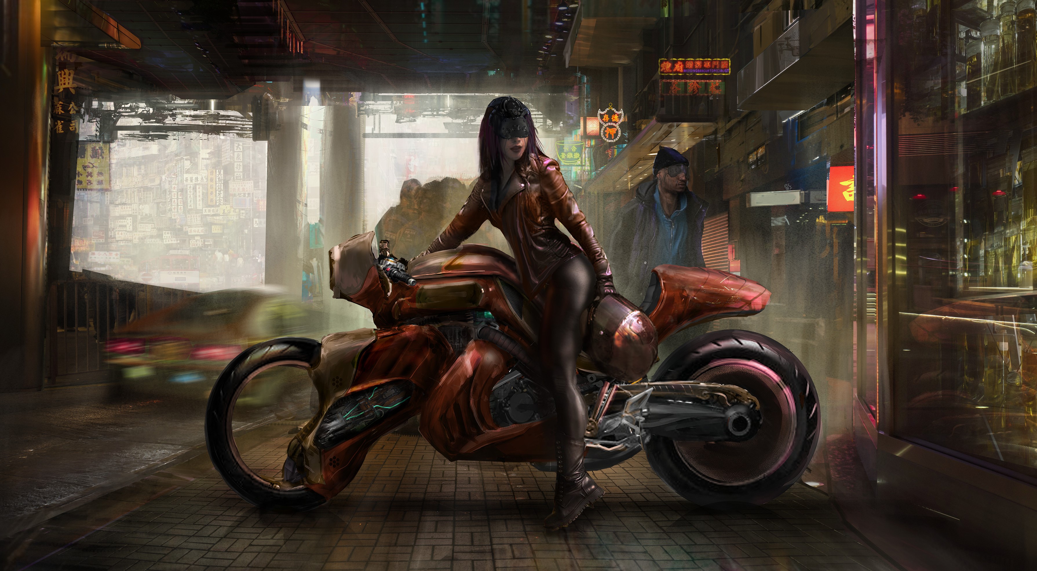 Woman on a futuristic motorcycle in a cyberpunk city HD Wallpaper