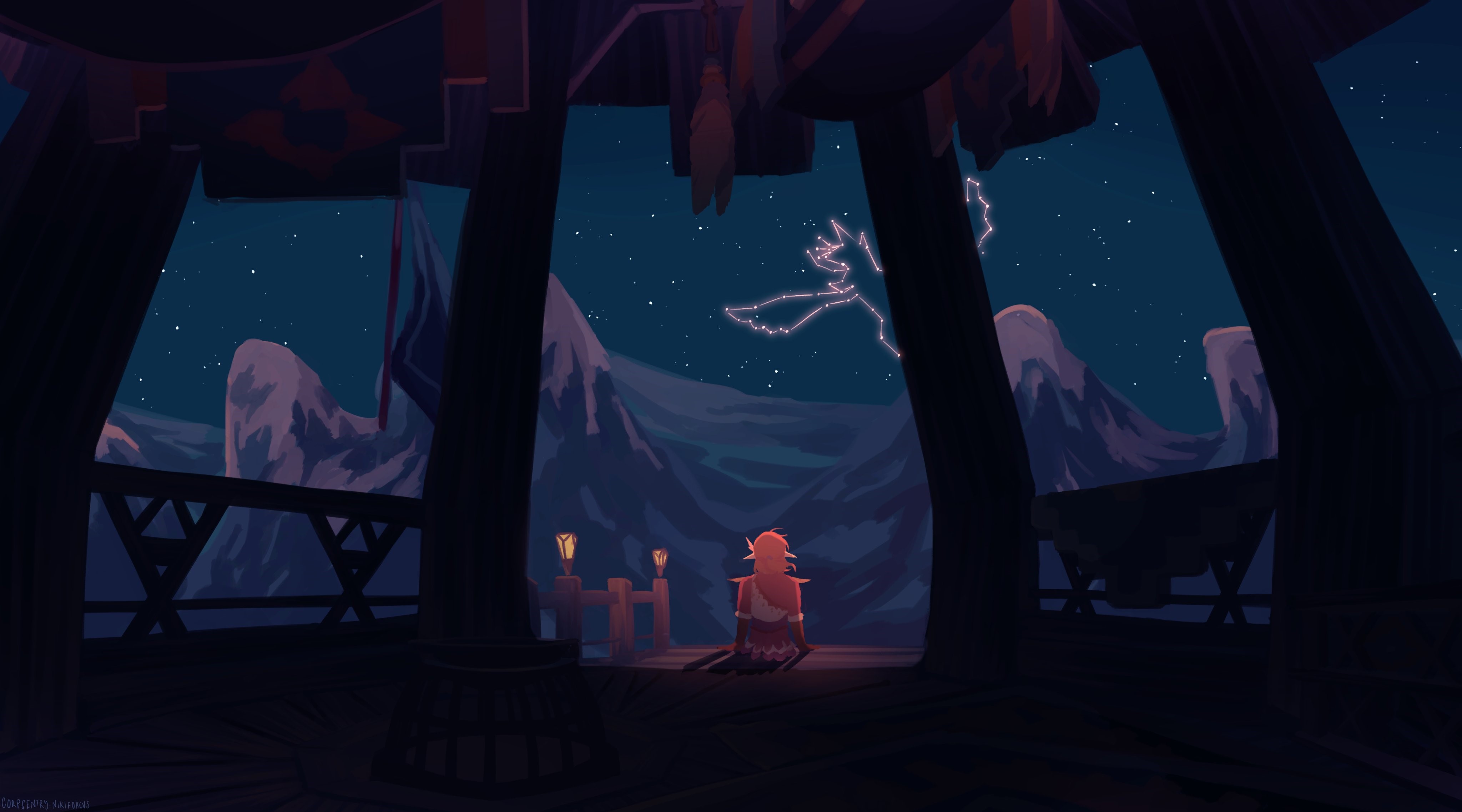 Fantasy art of a person sitting under a starry night sky with mountains HD Wallpaper