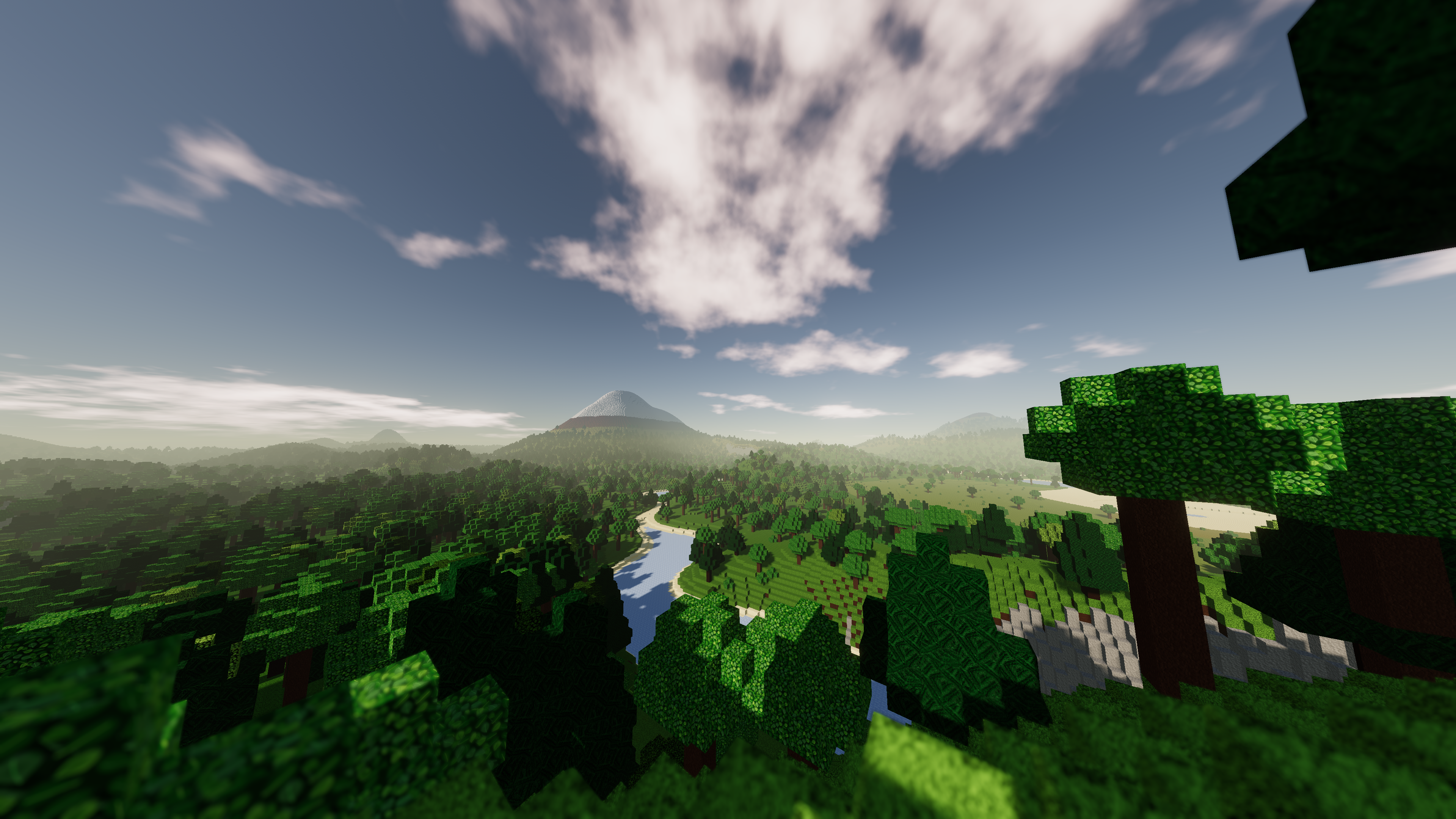 4K Minecraft landscape with mountain and forest HD Wallpaper