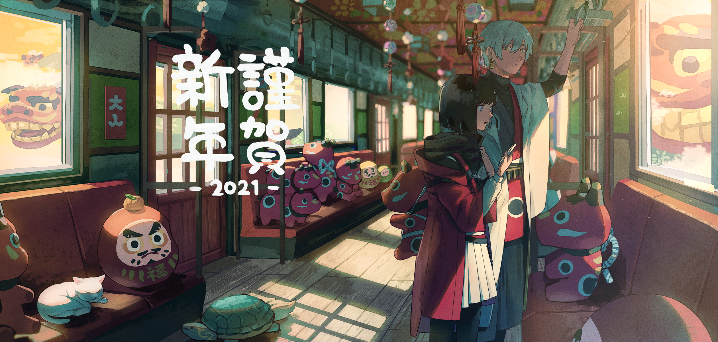 New Year 2021 train interior with anime characters HD Wallpaper