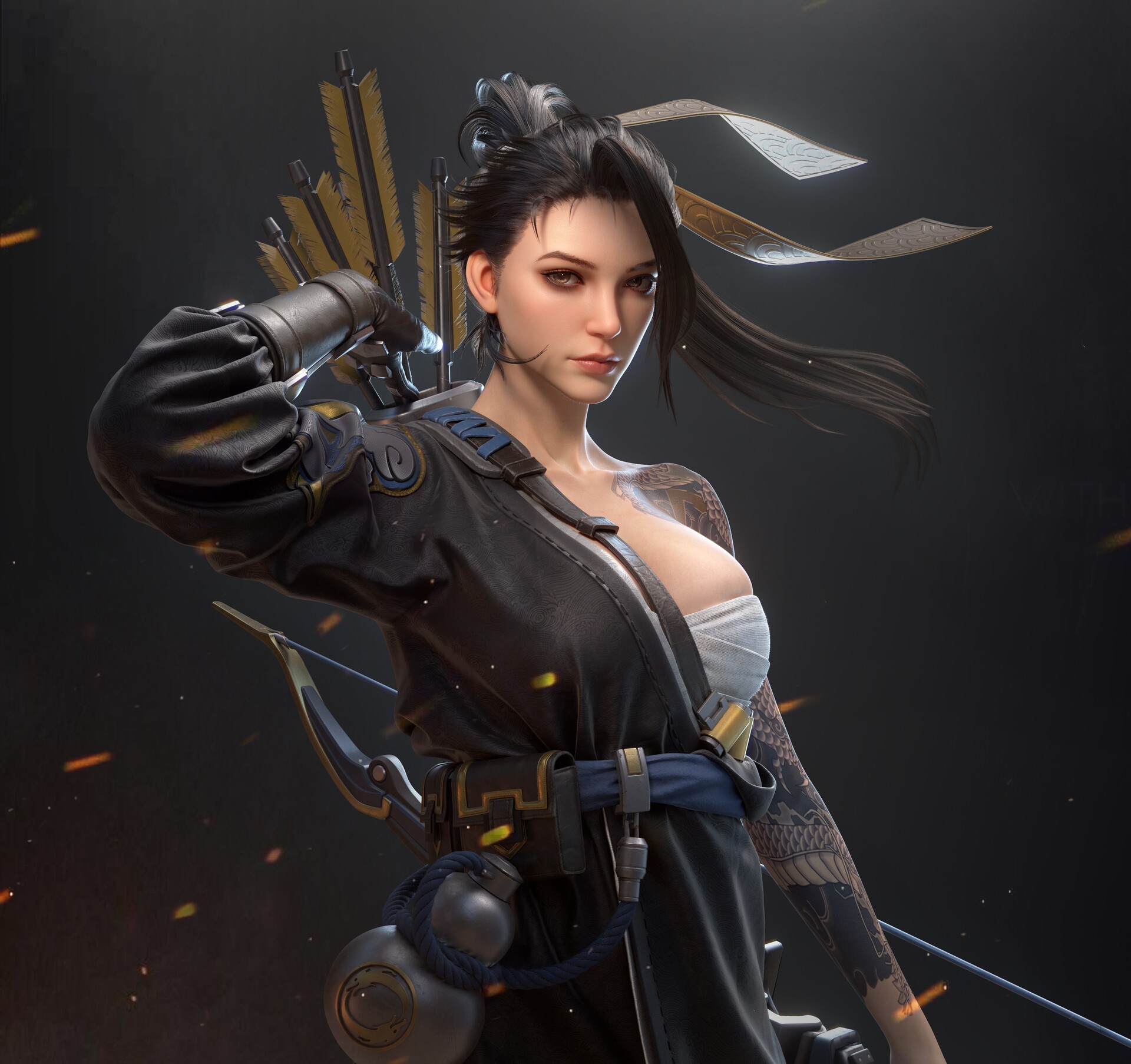 Female archer with tattoos and bow and arrow HD Wallpaper