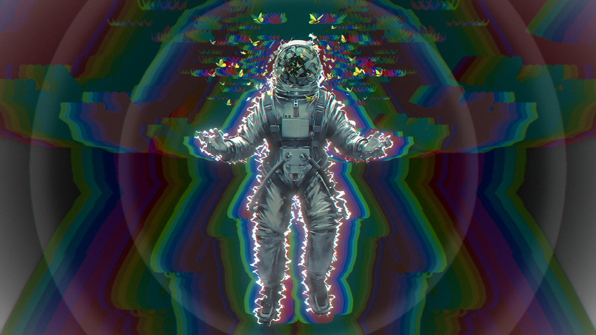 Astronaut surrounded by colorful glitch effects and butterflies HD Wallpaper