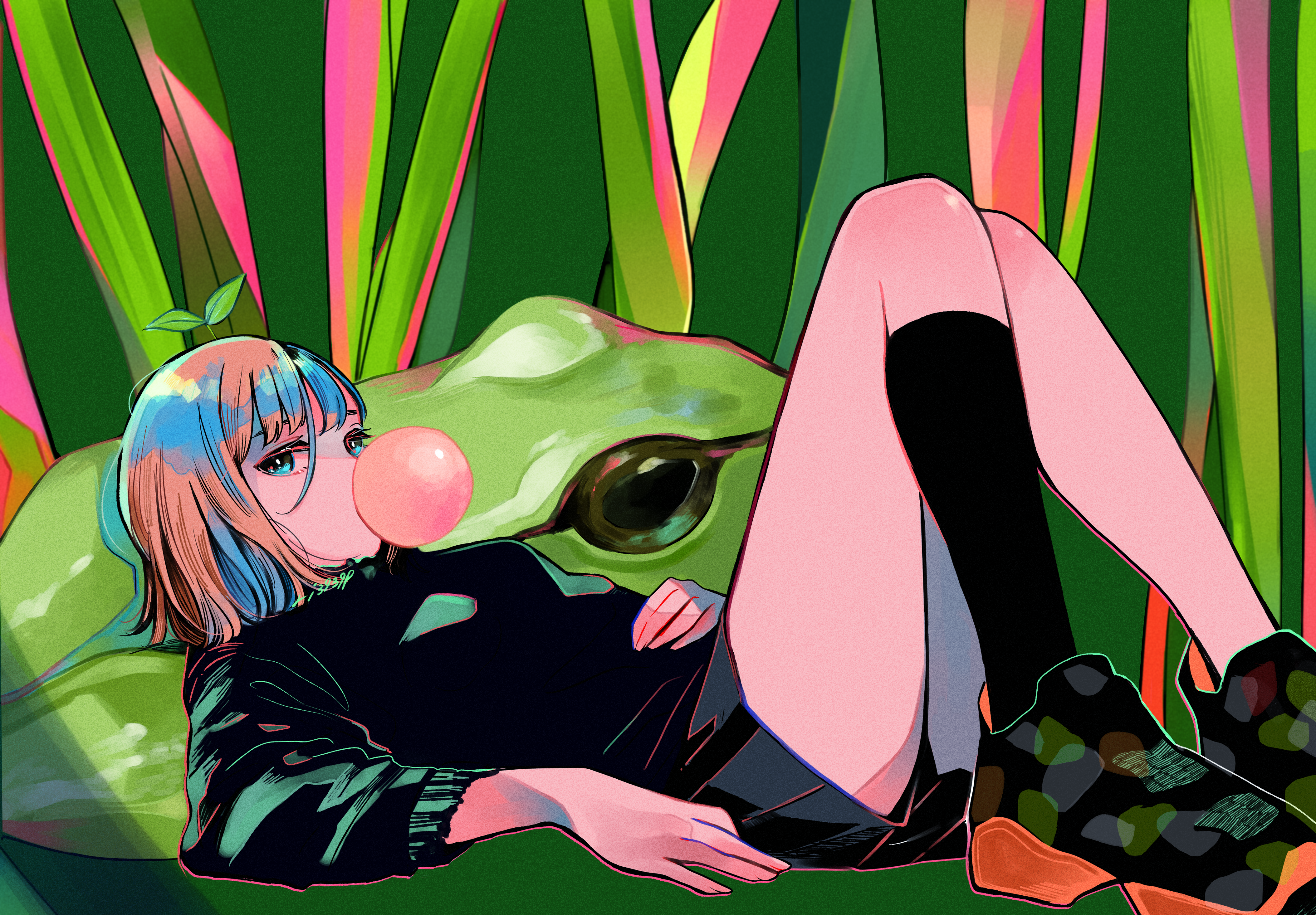 Anime girl with aqua hair chewing bubble gum with frog HD Wallpaper