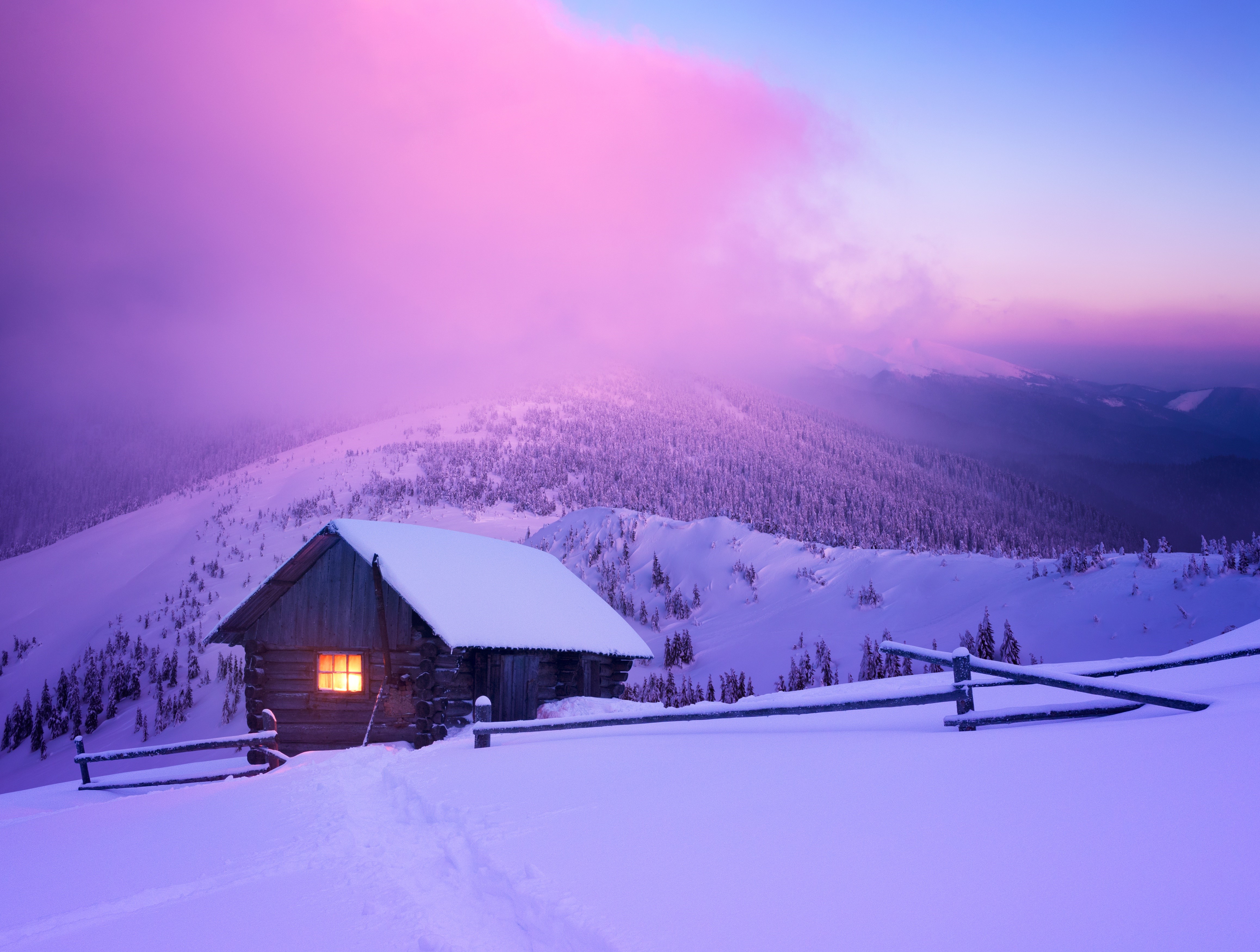 Winter cabin in snowy mountains at sunset HD Wallpaper