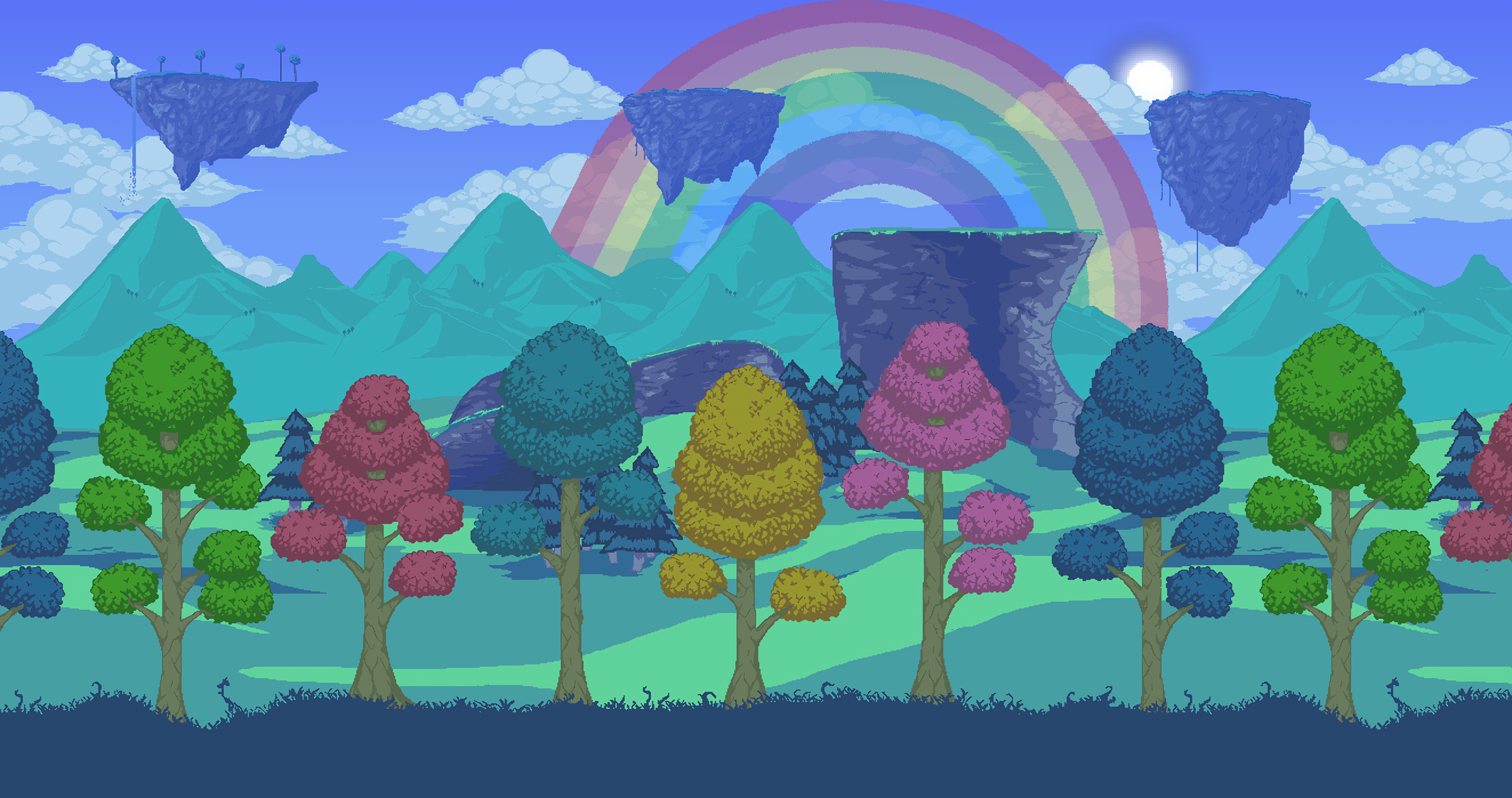 Terraria pixel art landscape with floating islands and rainbow HD Wallpaper