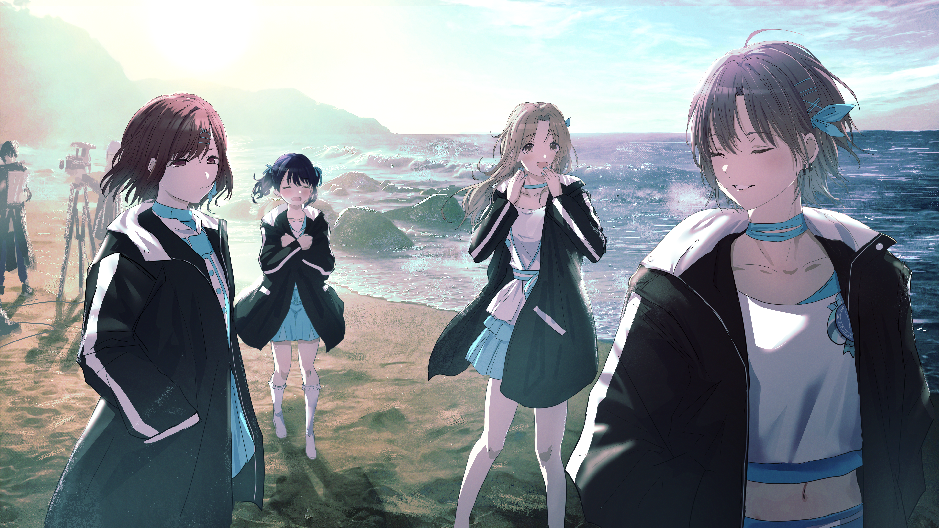 4K anime girls on a beach HD Wallpaper