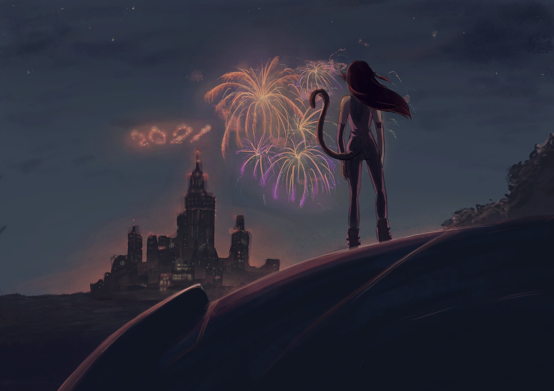Cat girl watching fireworks over a city HD Wallpaper