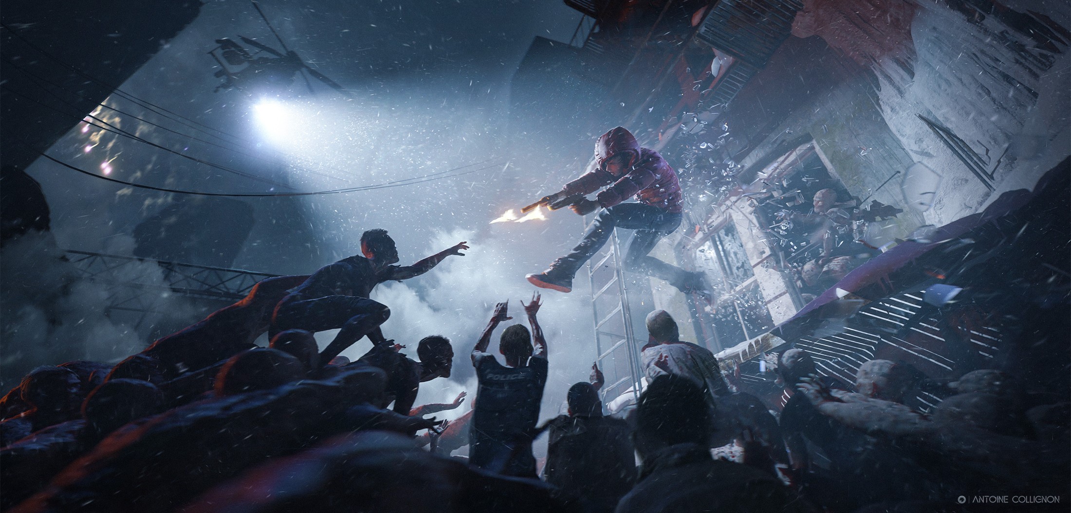 Artwork of a zombie apocalypse with survivors fighting undead HD Wallpaper
