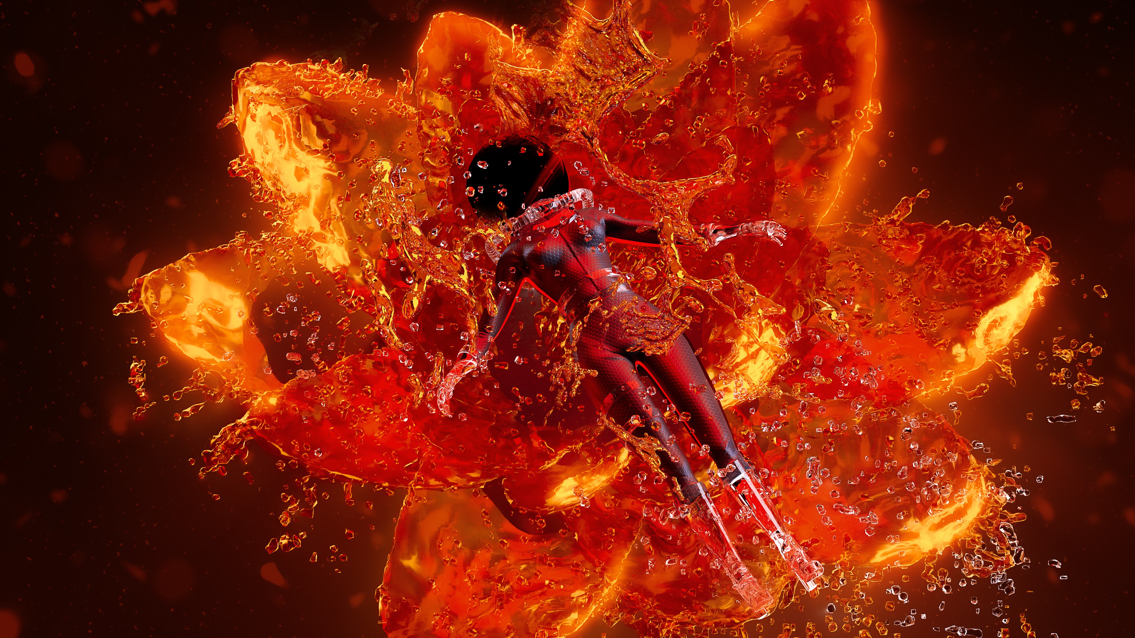 Fantasy girl in red liquid flower 4K HD Wallpaper