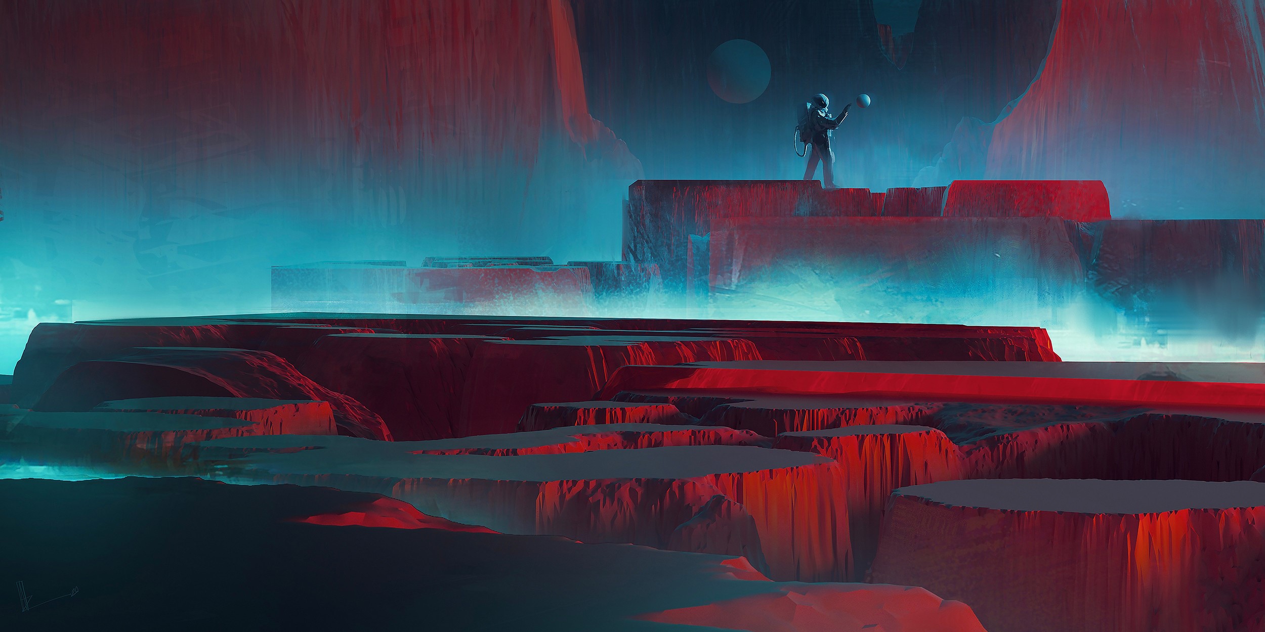 Astronaut on a red and blue alien planet HD Wallpaper