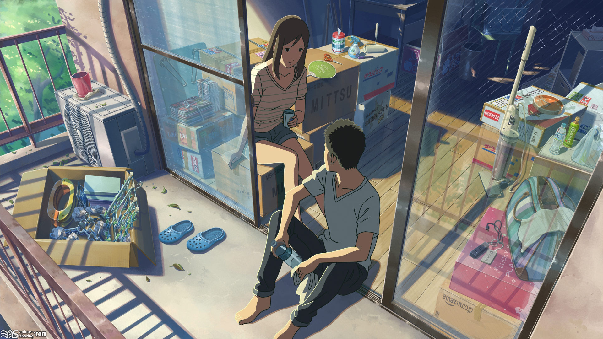 Couple on a balcony with moving boxes HD Wallpaper