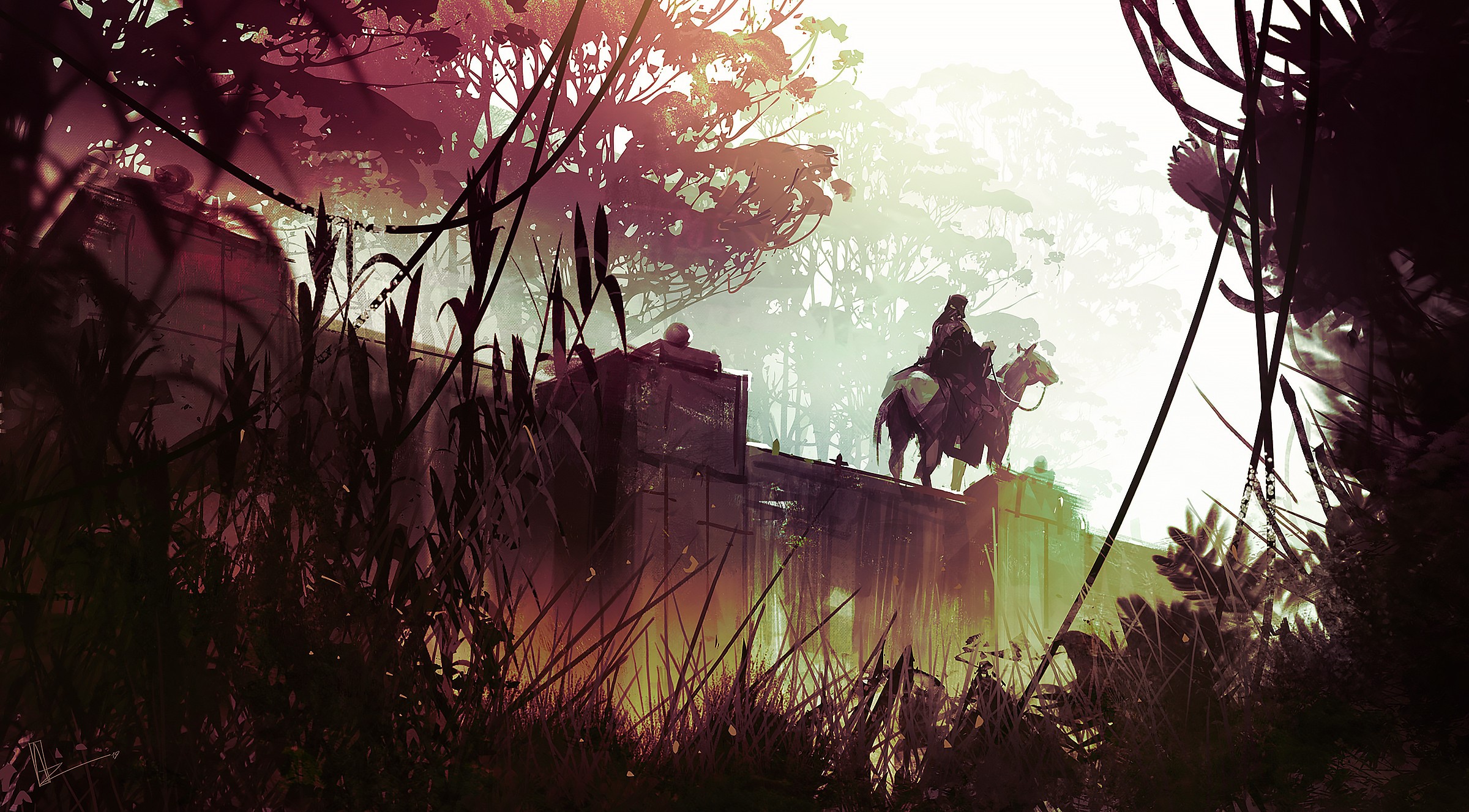 Man on horseback on a wall with trees HD Wallpaper