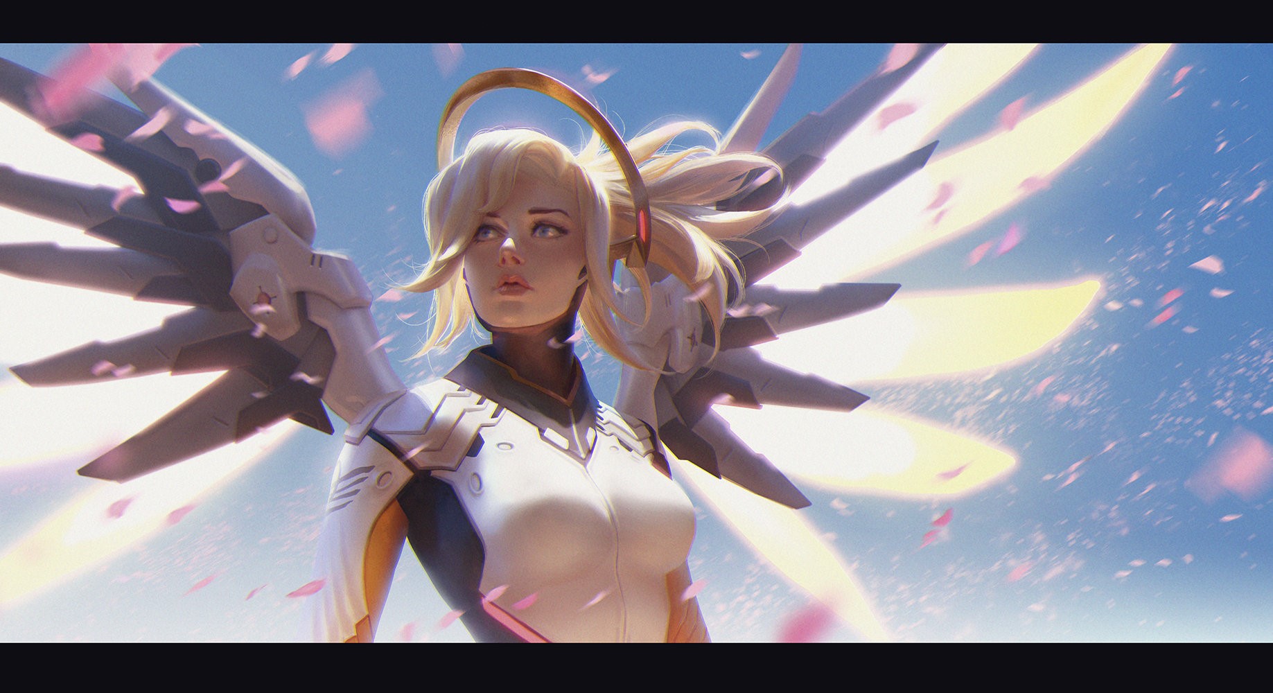 Mercy from Overwatch with wings and petals HD Wallpaper