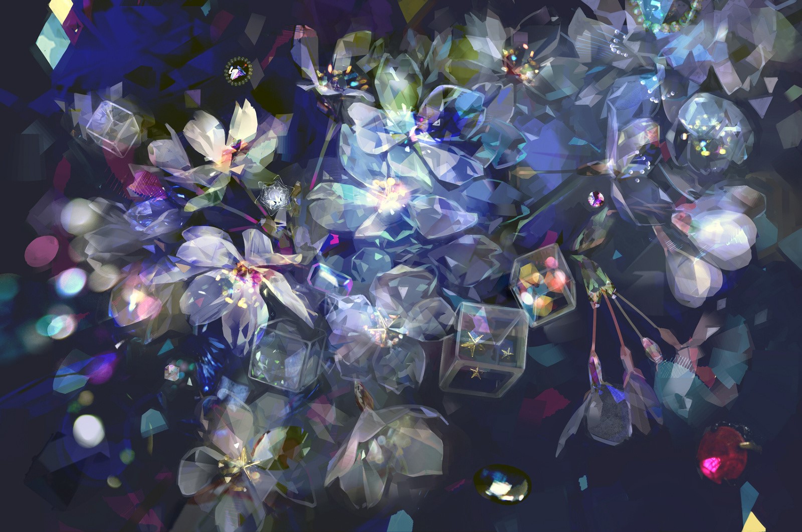 Crystalline flowers and jewels on dark background HD Wallpaper