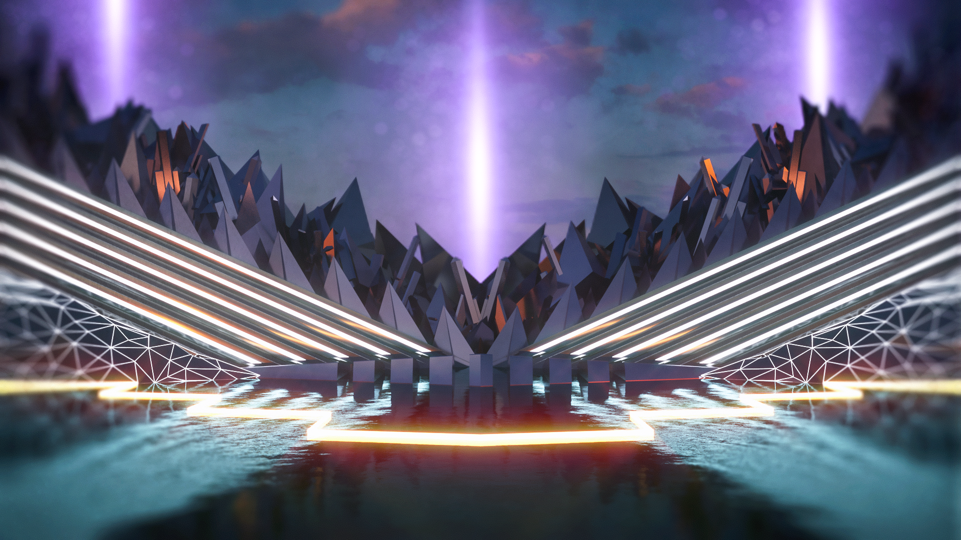 Abstract digital art with neon lights and geometric mountains HD Wallpaper