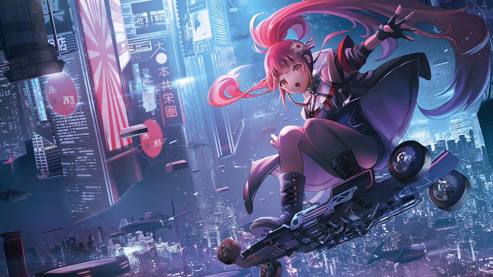 Anime girl with pink ponytail on a hoverboard in a futuristic city HD Wallpaper