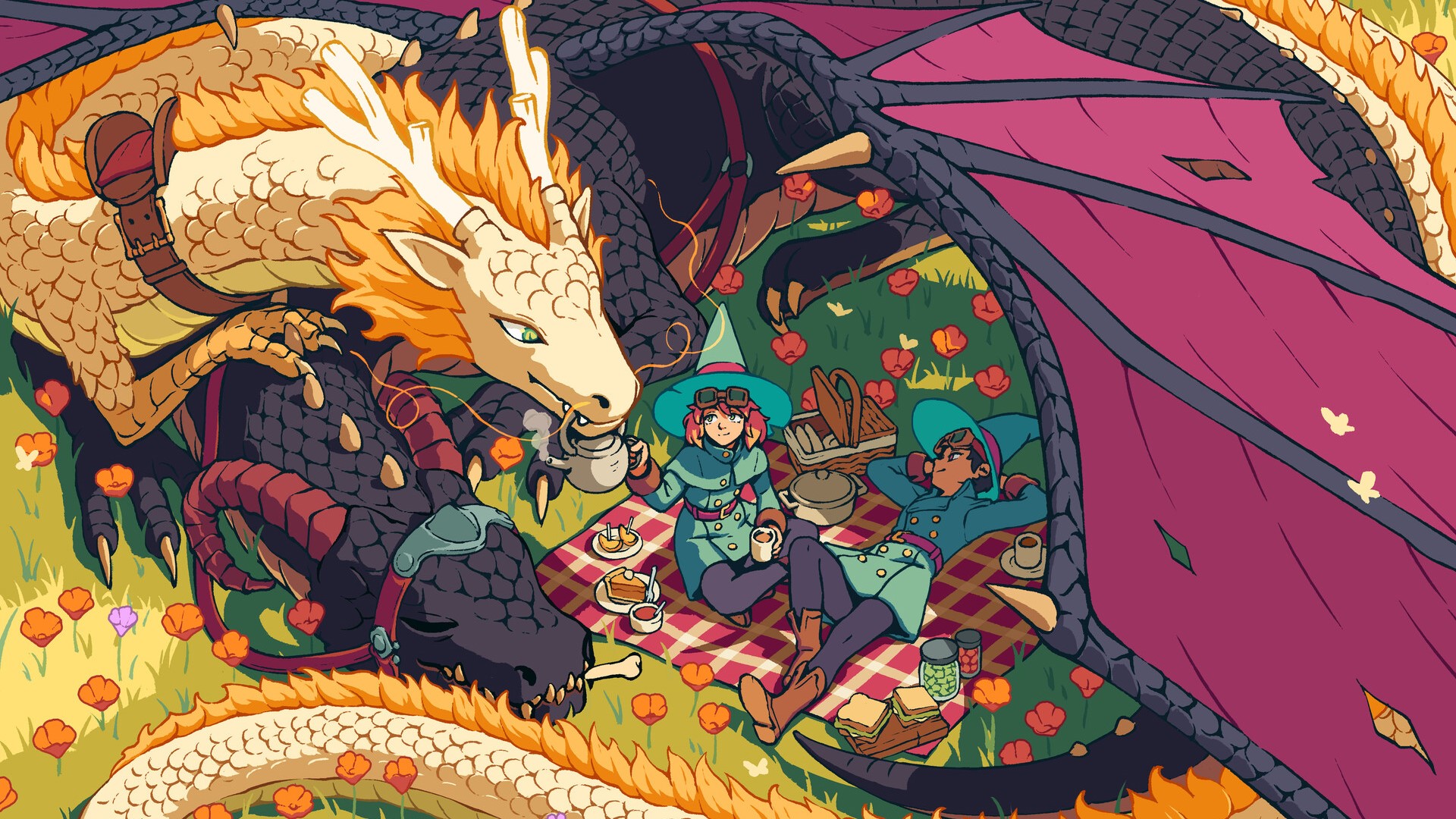 Two witches and two dragons having a picnic HD Wallpaper