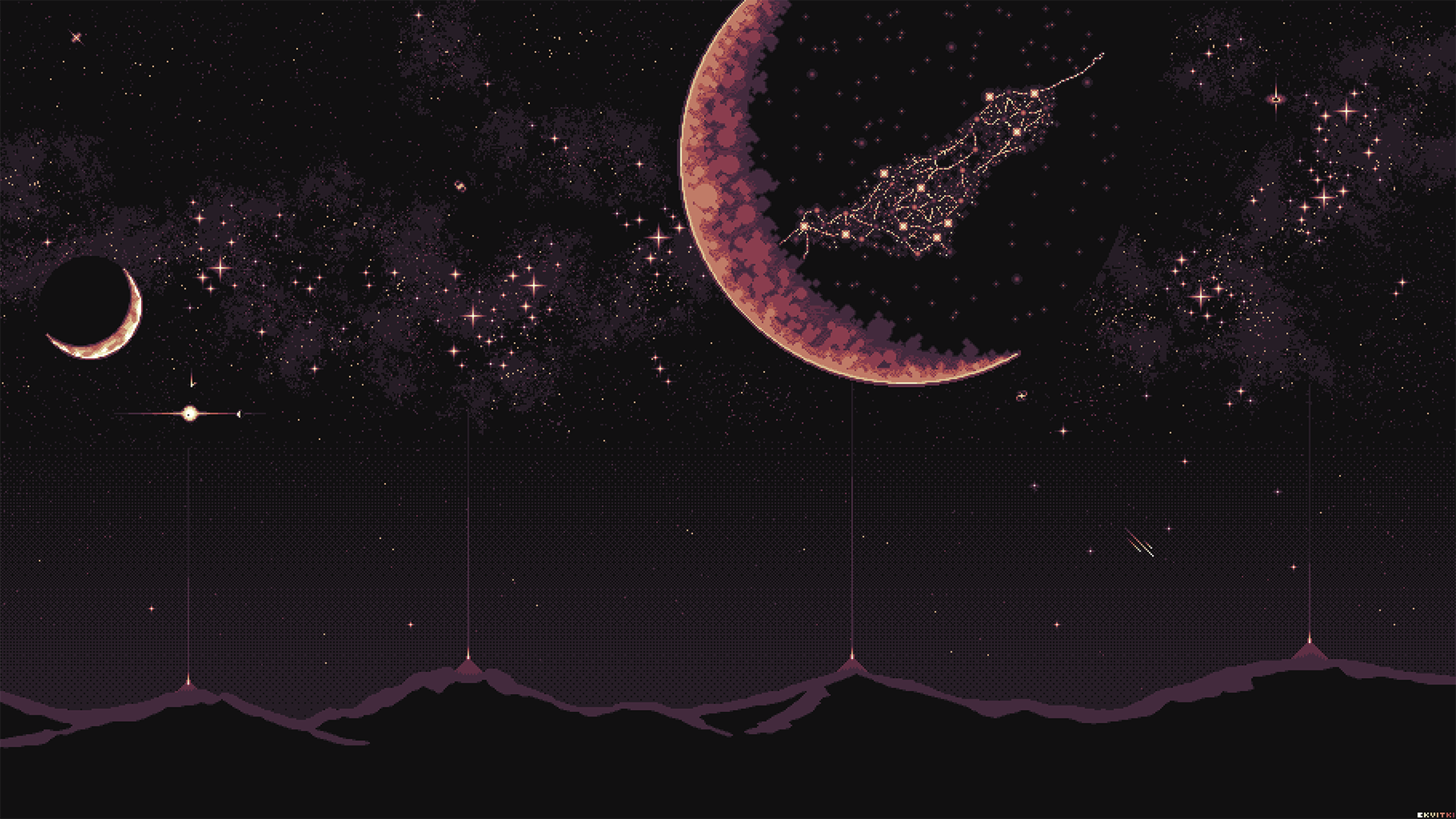 Pixel art space scene with planets and stars HD Wallpaper