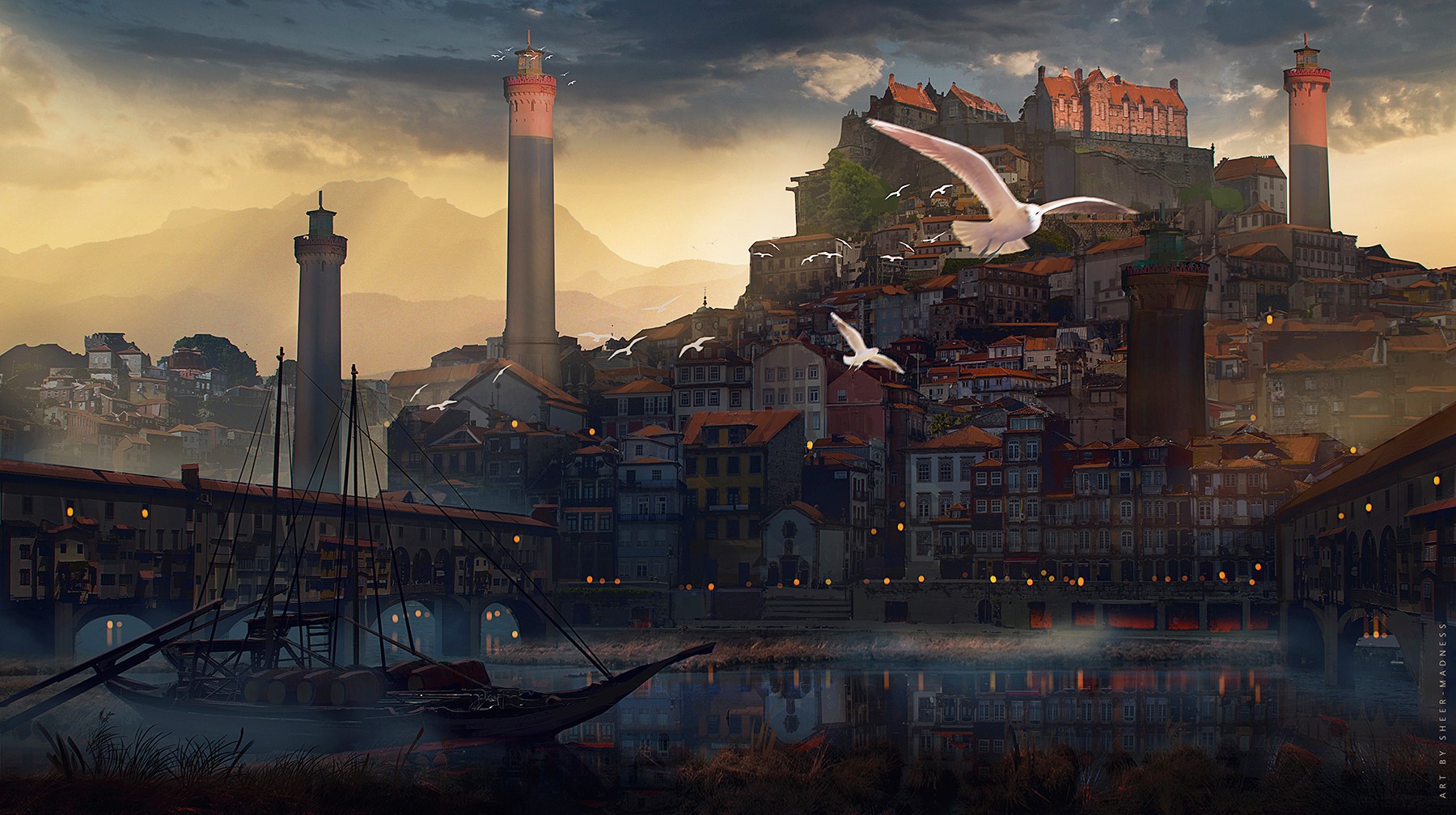 Fantasy city with lighthouses and castle HD Wallpaper