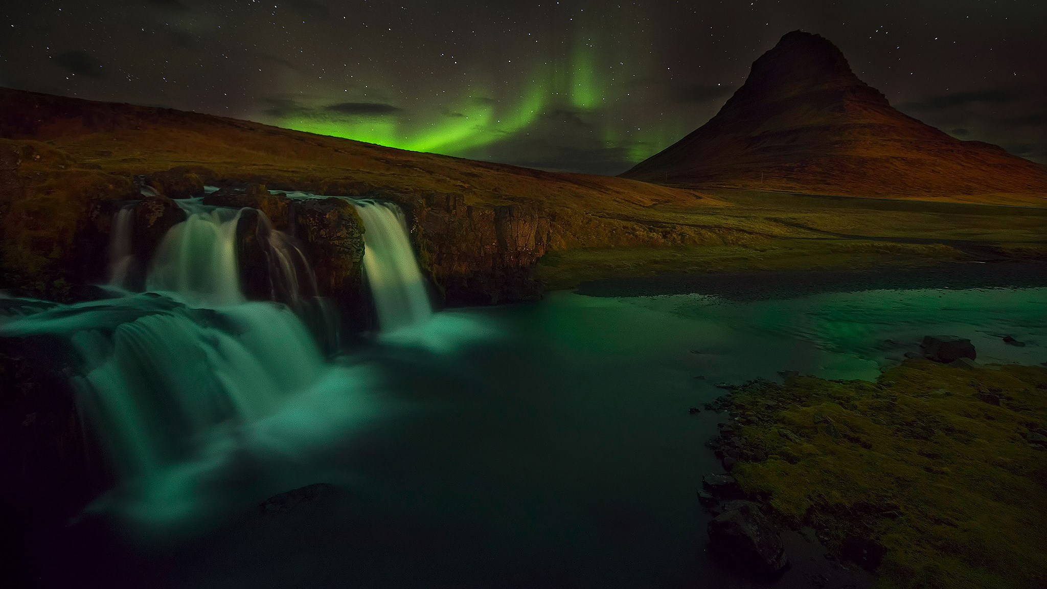 Waterfall and Aurora Borealis at Kirkjufell Mountain HD Wallpaper