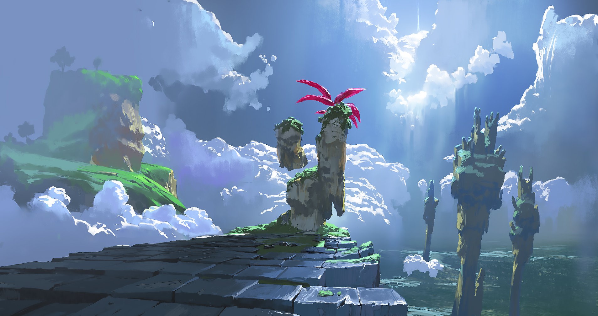 Fantasy landscape with floating islands and clouds HD Wallpaper