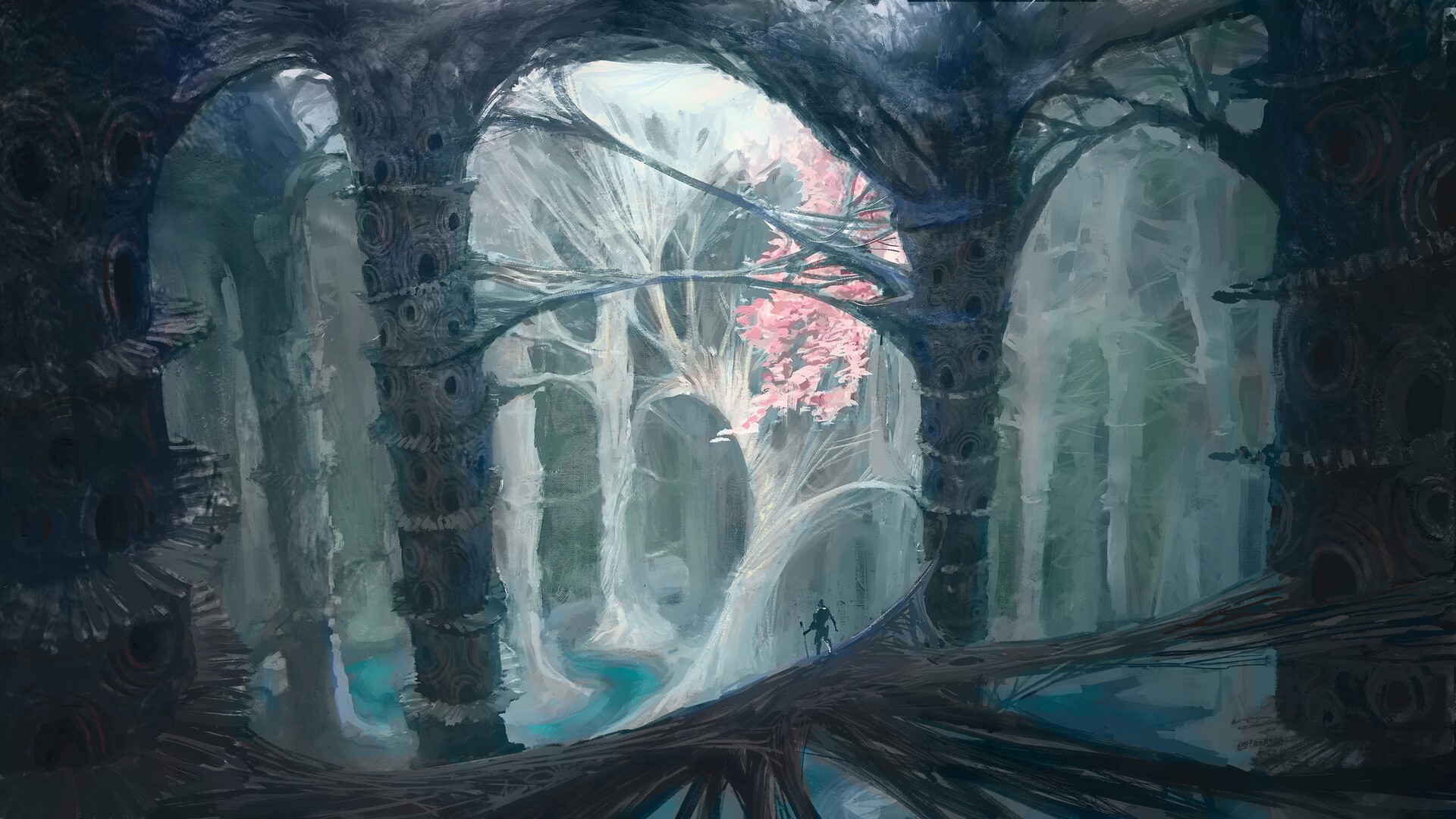Fantasy forest with alien trees and a lone traveler HD Wallpaper