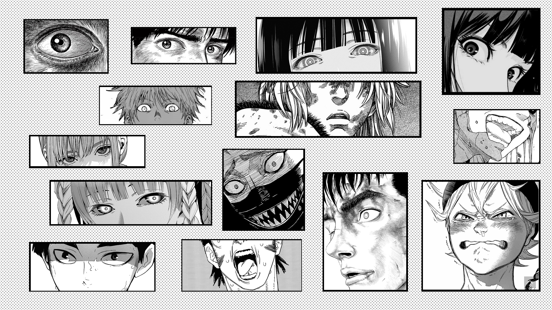 Manga panels featuring anime characters' eyes and faces HD Wallpaper