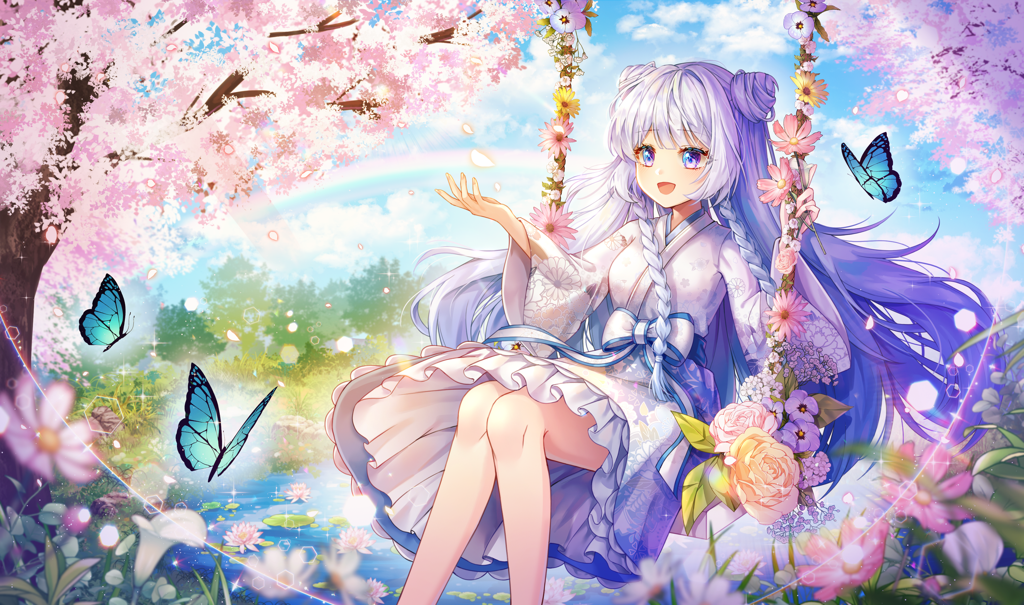 Anime girl with purple hair on a swing with butterflies and cherry blossoms HD Wallpaper
