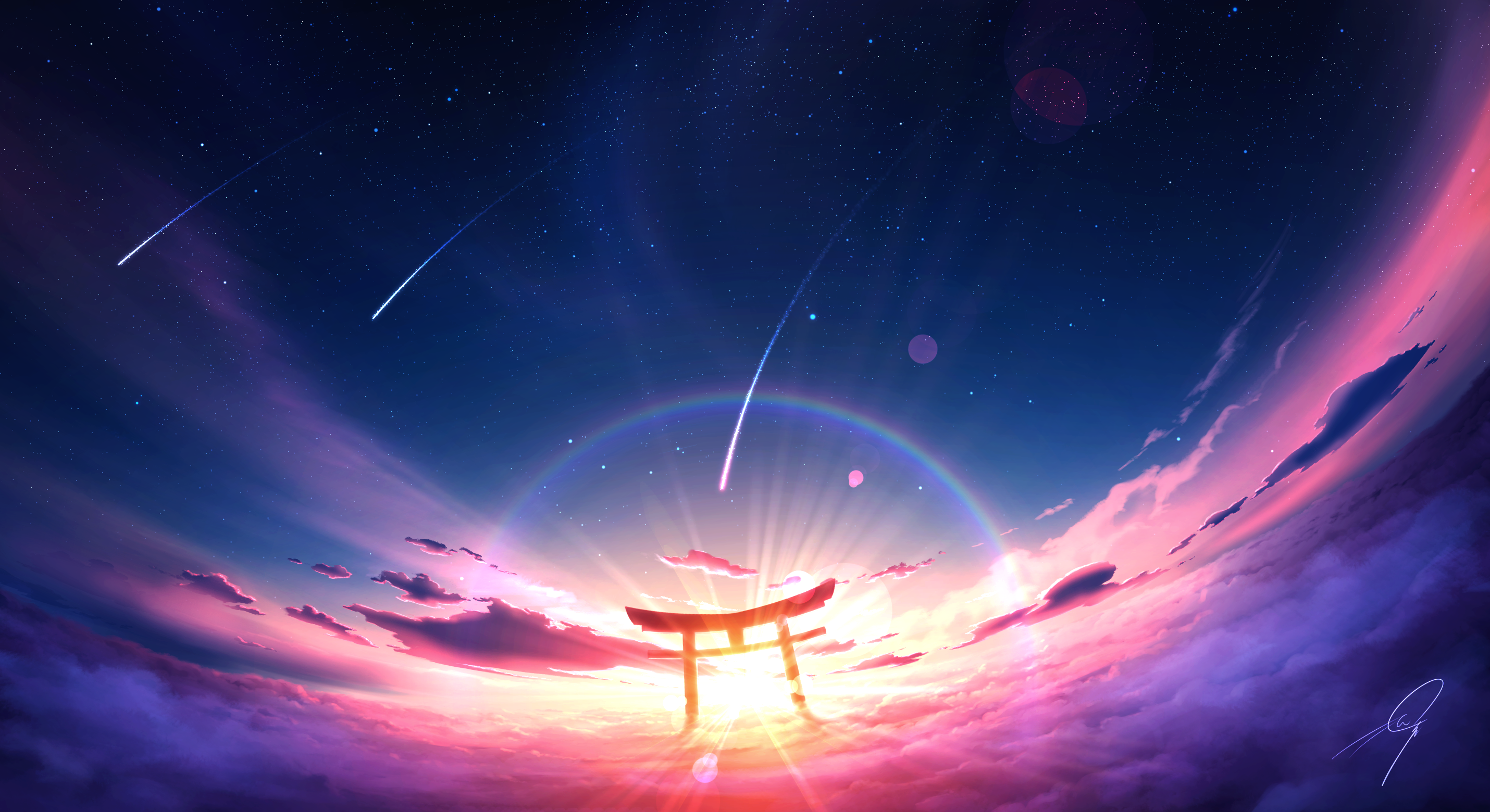Anime Torii Gate with Shooting Stars and Rainbow HD Wallpaper