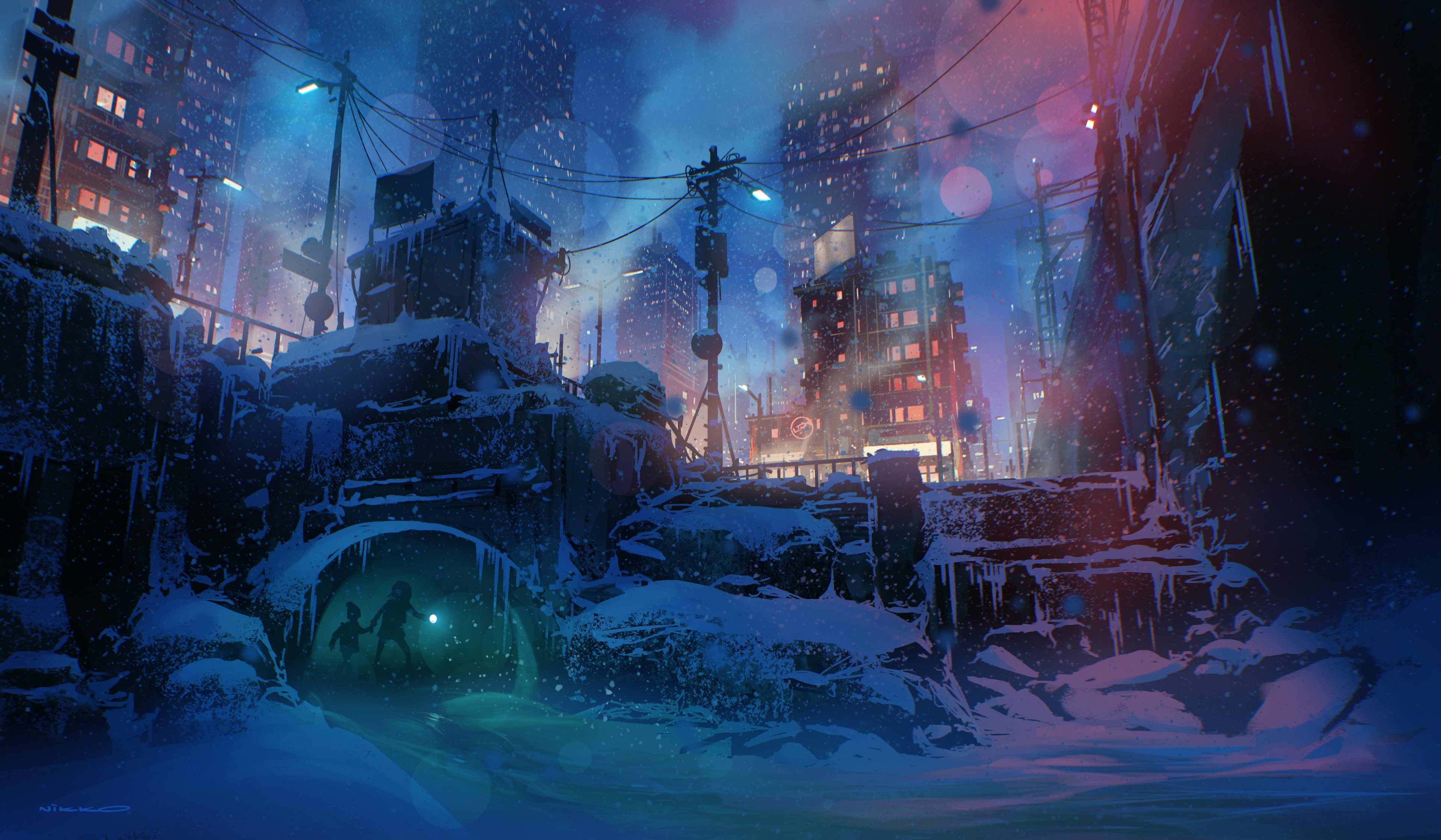 Winter Cityscape with Two Figures in Tunnel HD Wallpaper