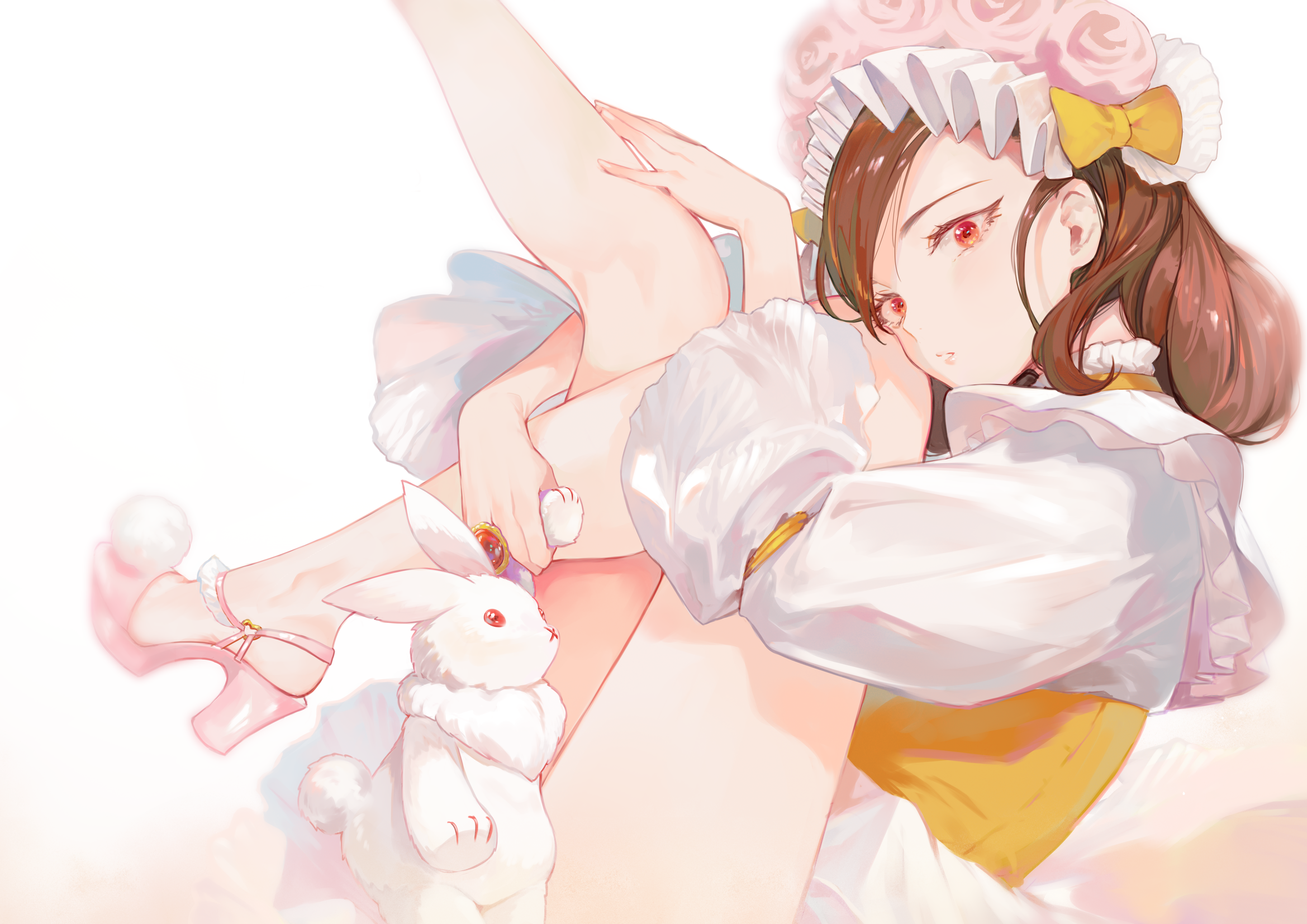Anime girl with red eyes holding knees next to a rabbit HD Wallpaper