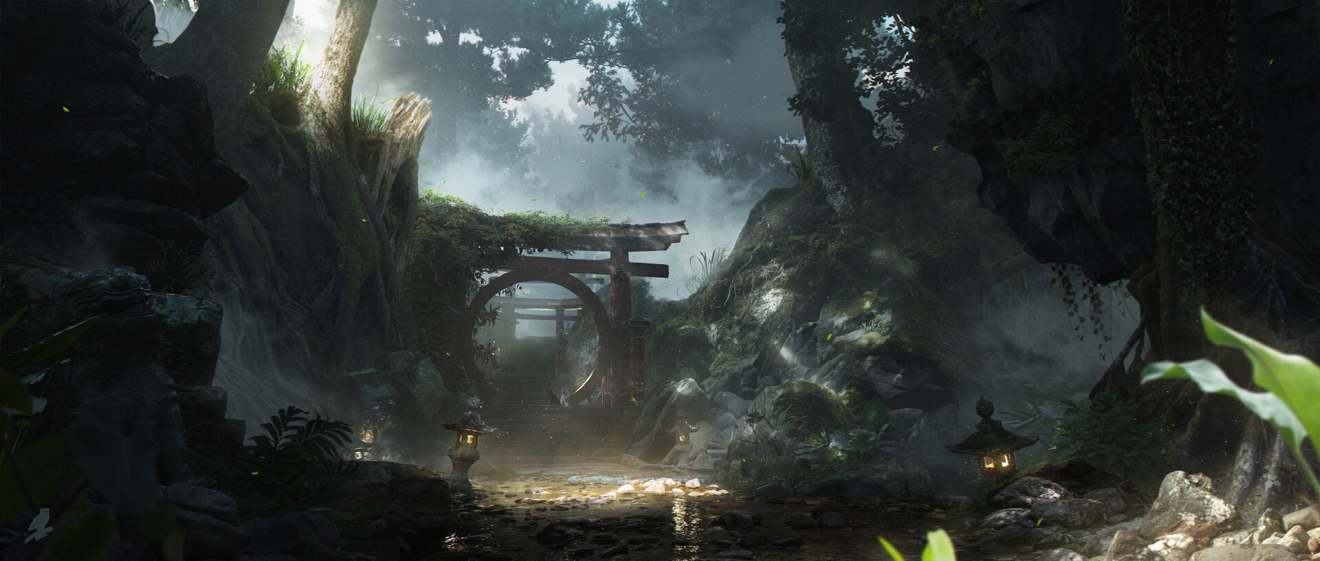 Torii gate in a misty forest with lanterns HD Wallpaper