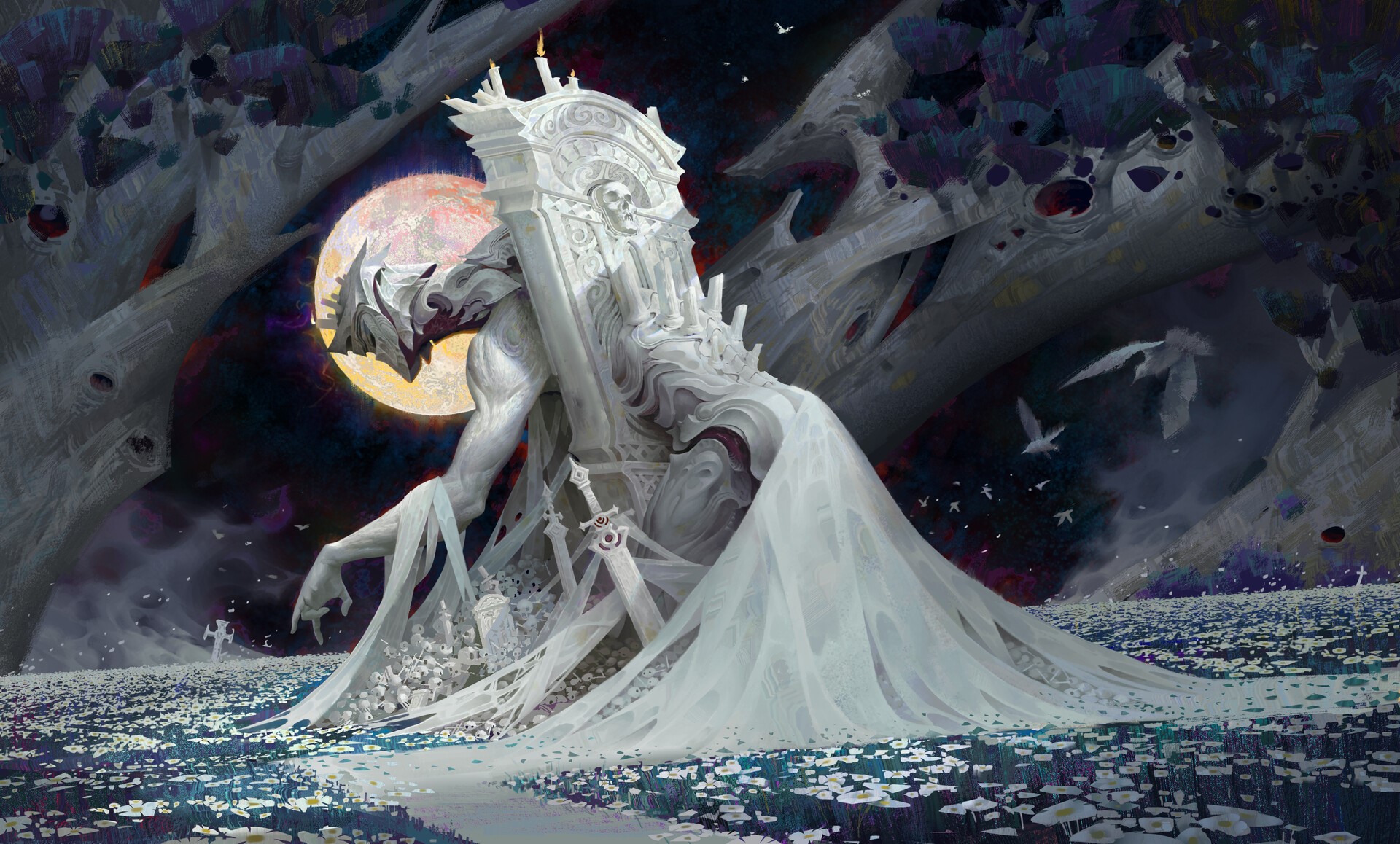 Ya Lun's Grave with Moon and Flowers HD Wallpaper