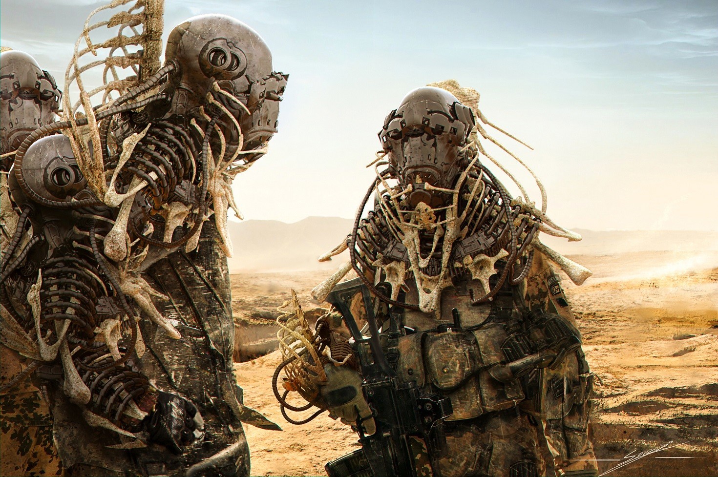 Futuristic skeletal soldiers in a desert HD Wallpaper