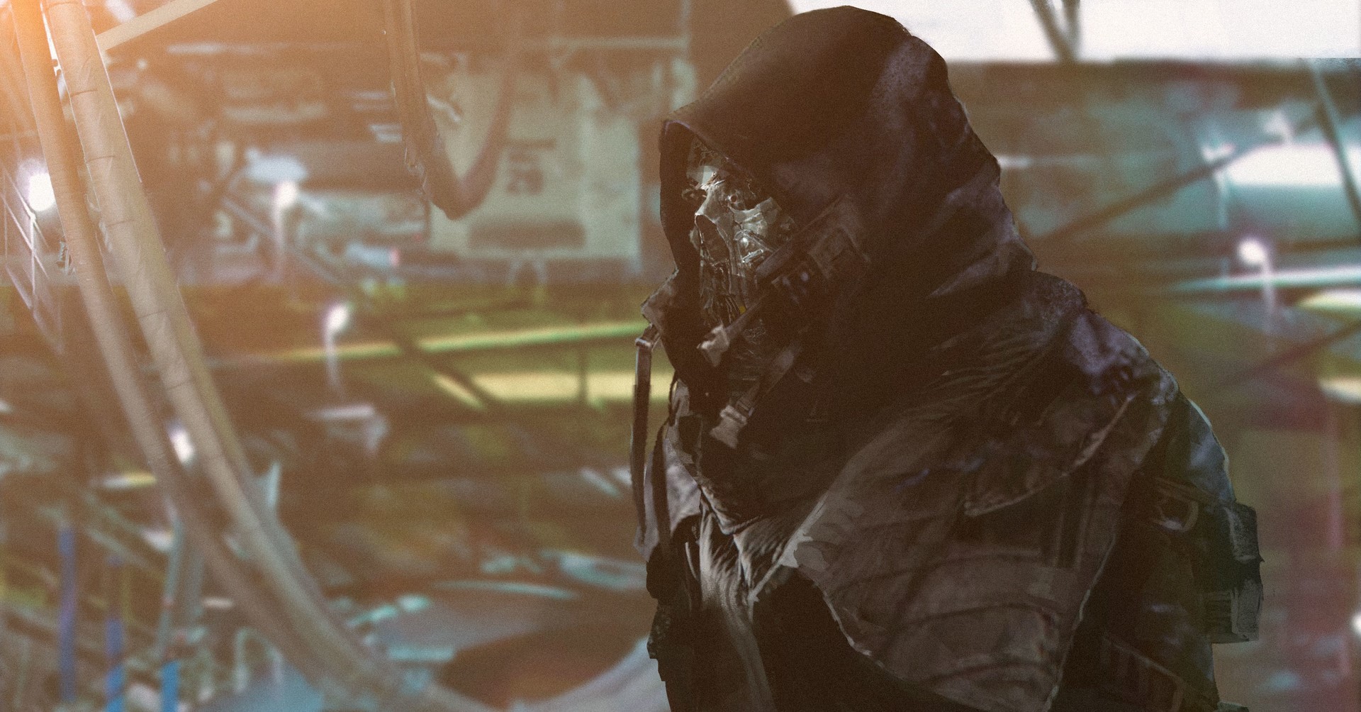Futuristic masked figure in industrial setting HD Wallpaper