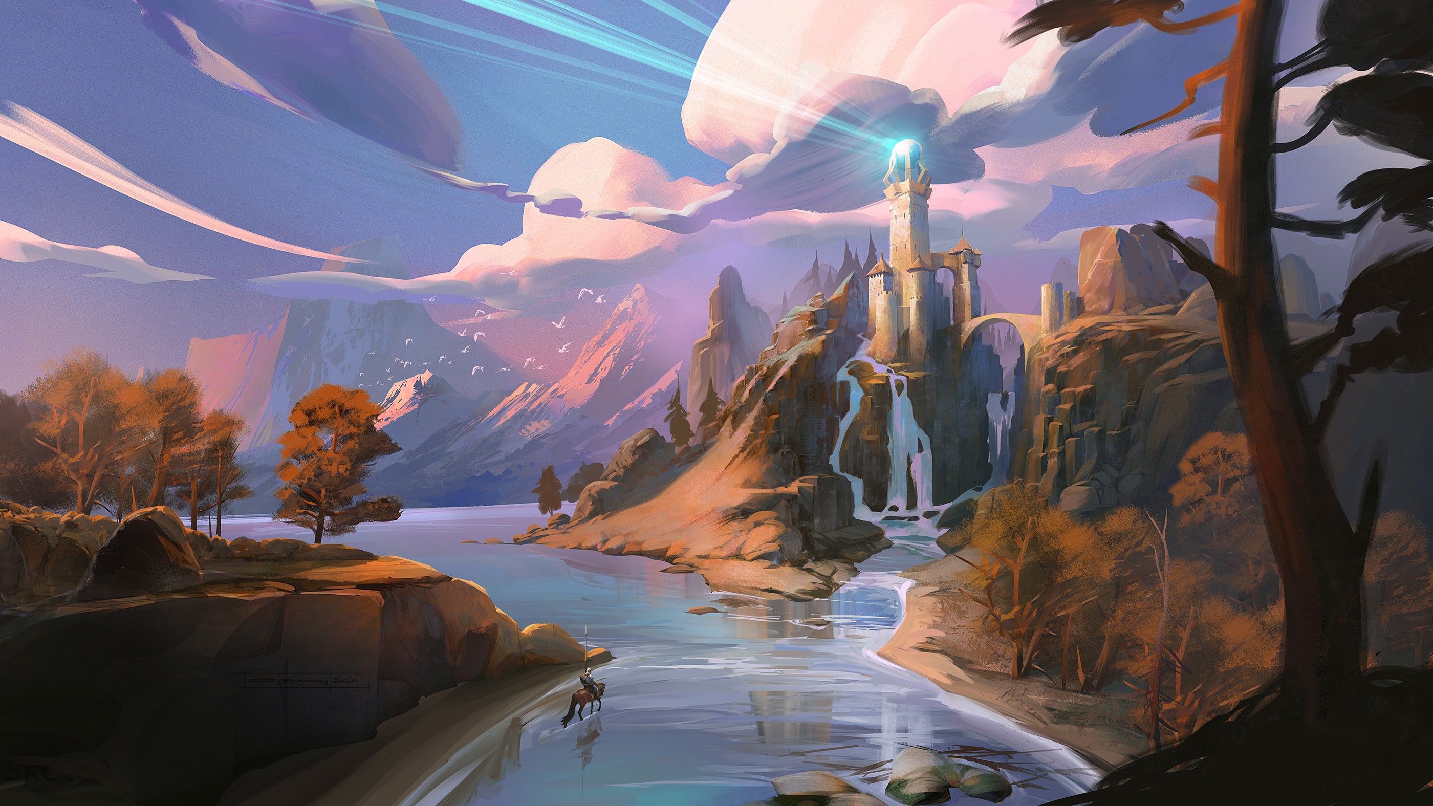 Fantasy landscape with castle and river HD Wallpaper