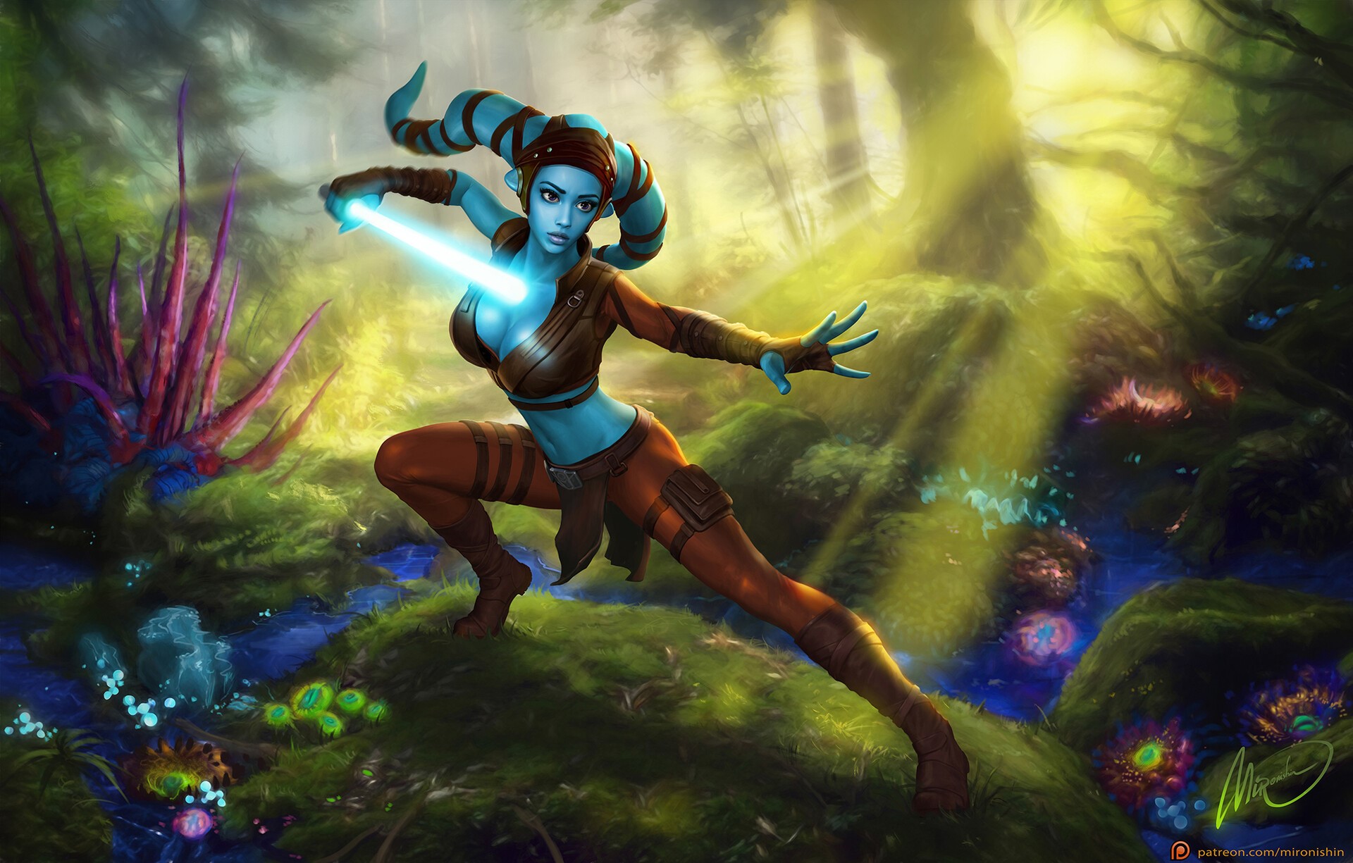 Aayla Secura from Star Wars with a lightsaber in a forest HD Wallpaper