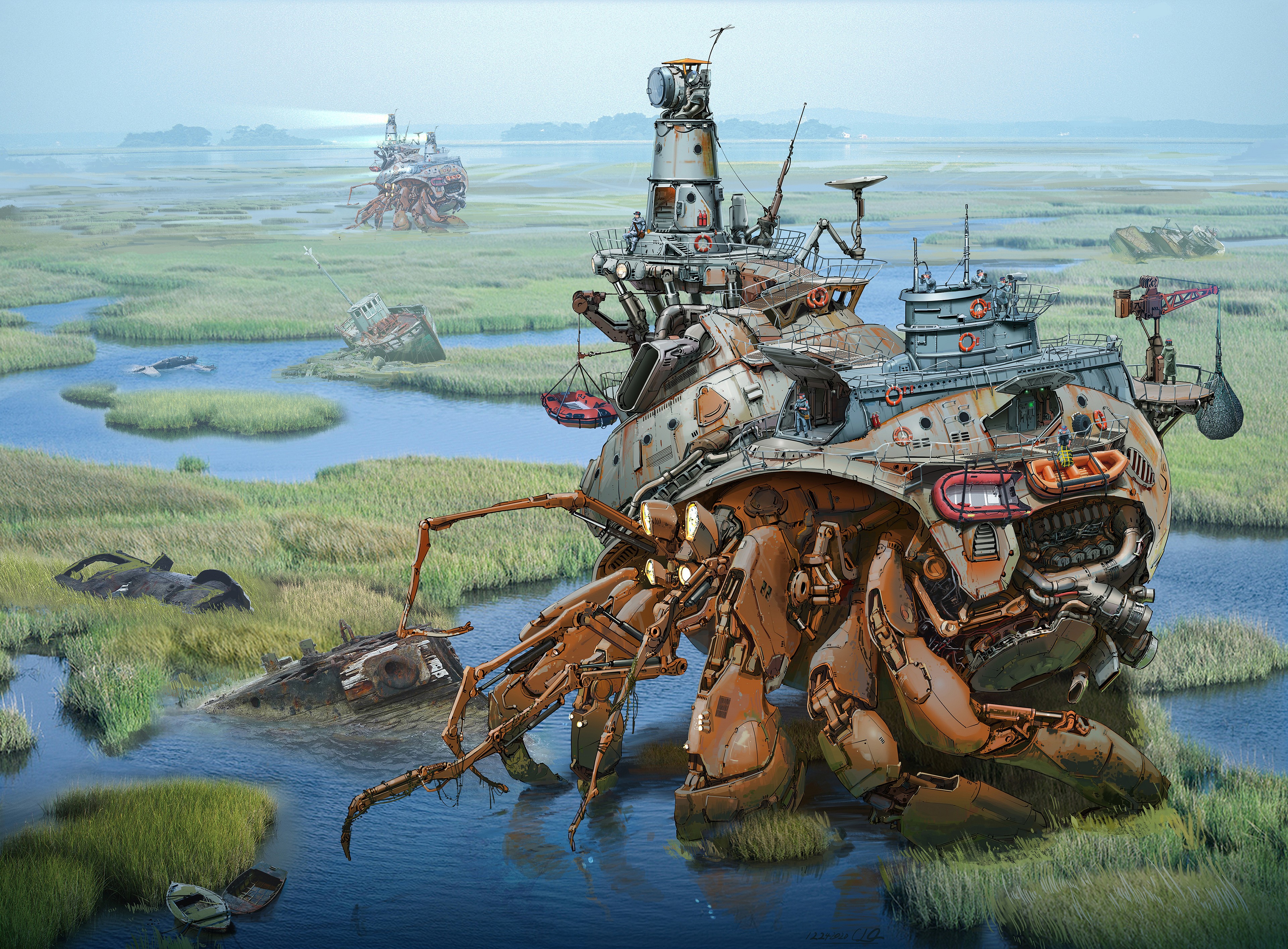 4K digital art of hermit crab walker in swamp HD Wallpaper