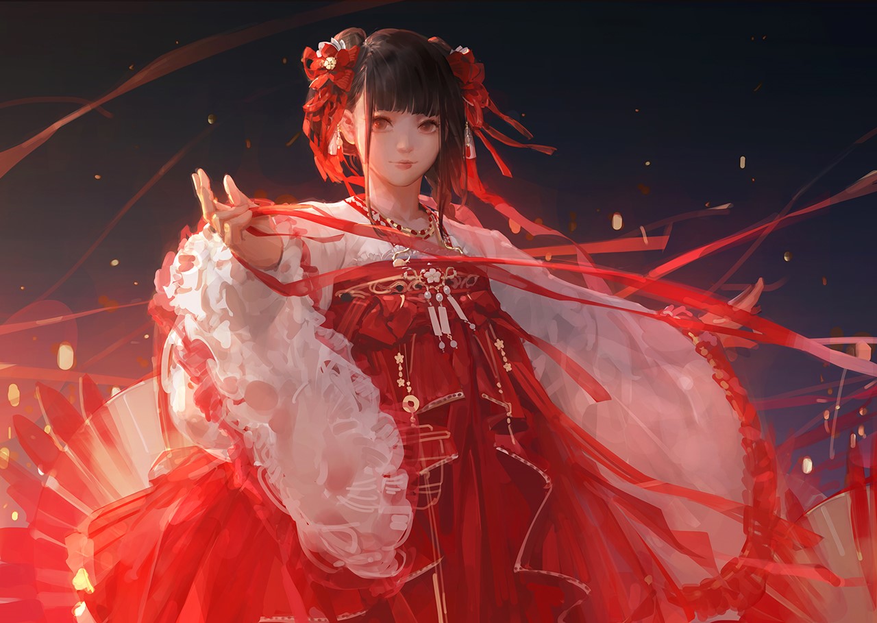 Anime girl in red traditional Chinese dress with ribbons HD Wallpaper