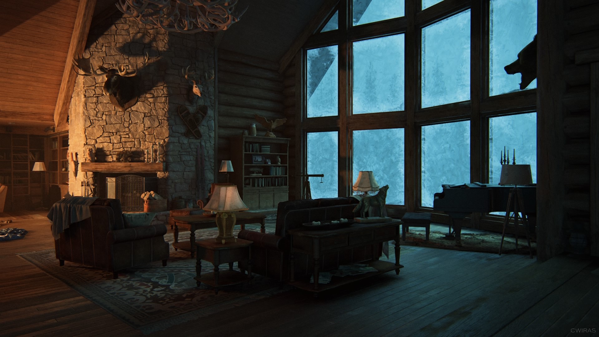 The Last of Us Part II interior scene with piano and fireplace HD Wallpaper