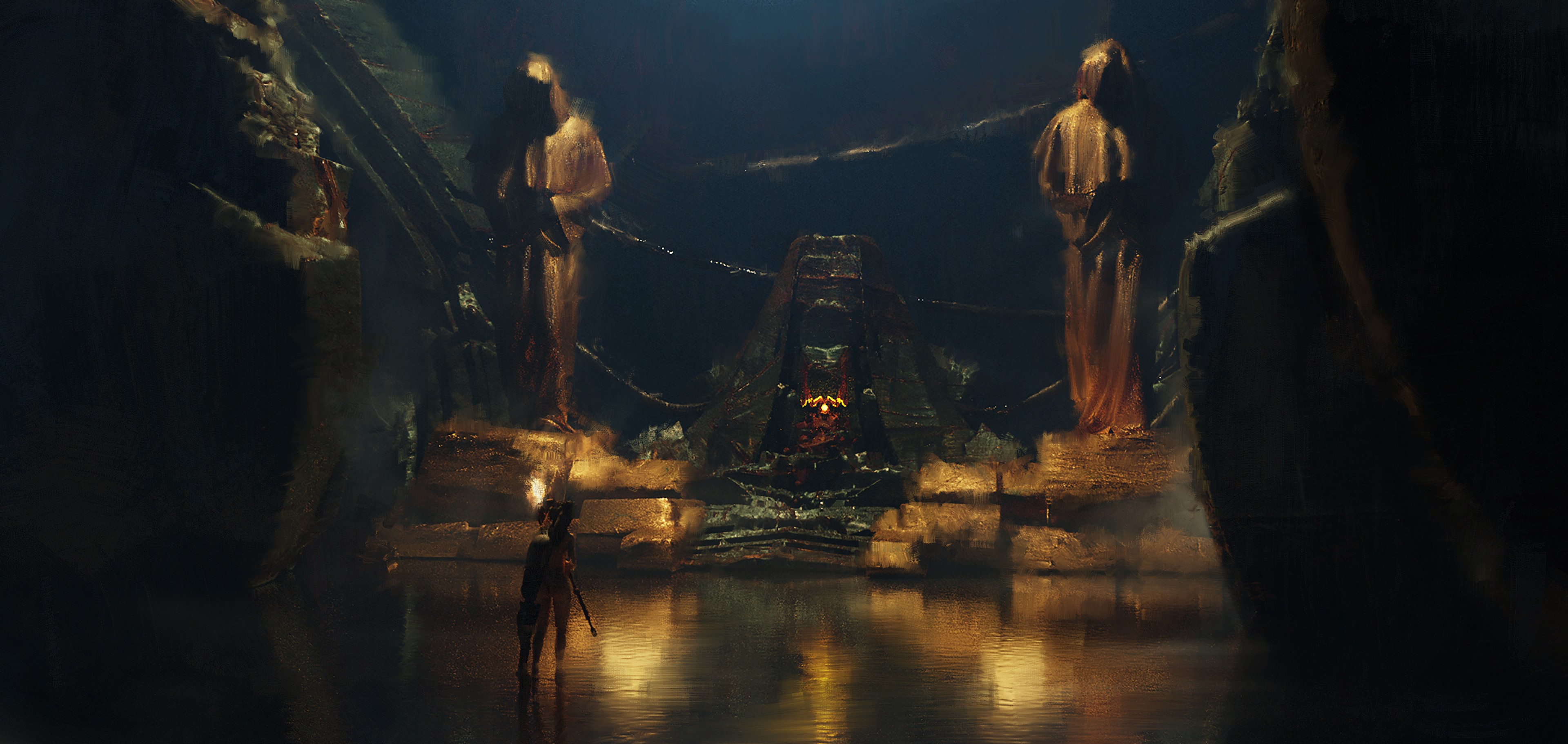 Fantasy Altar with Statues and Figure HD Wallpaper