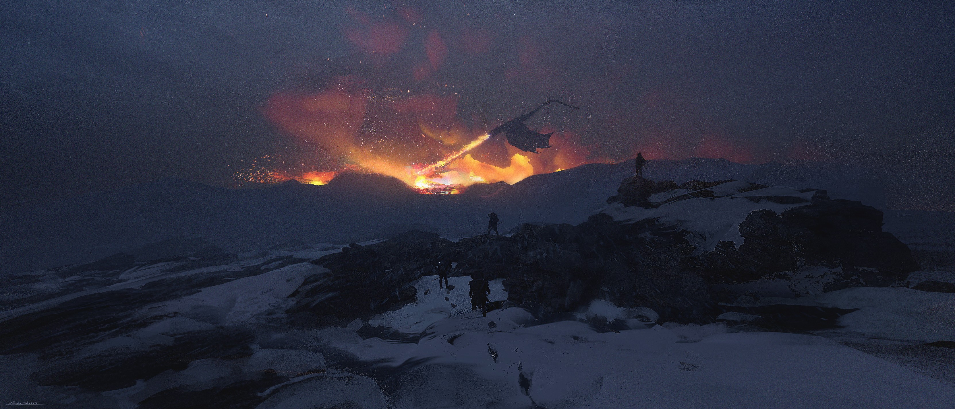 Dragon breathing fire over a snowy landscape with people HD Wallpaper
