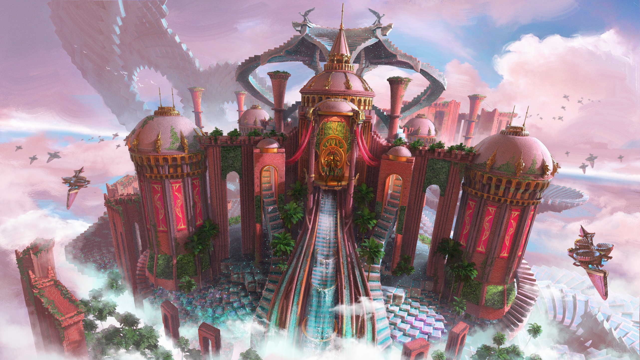 Fantasy castle in the sky with flying vehicles HD Wallpaper