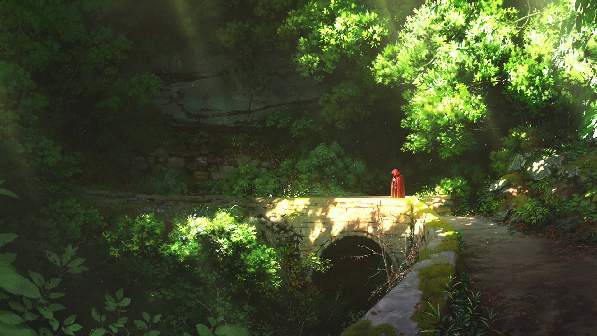 Illustration of a person in a red cloak on a bridge HD Wallpaper
